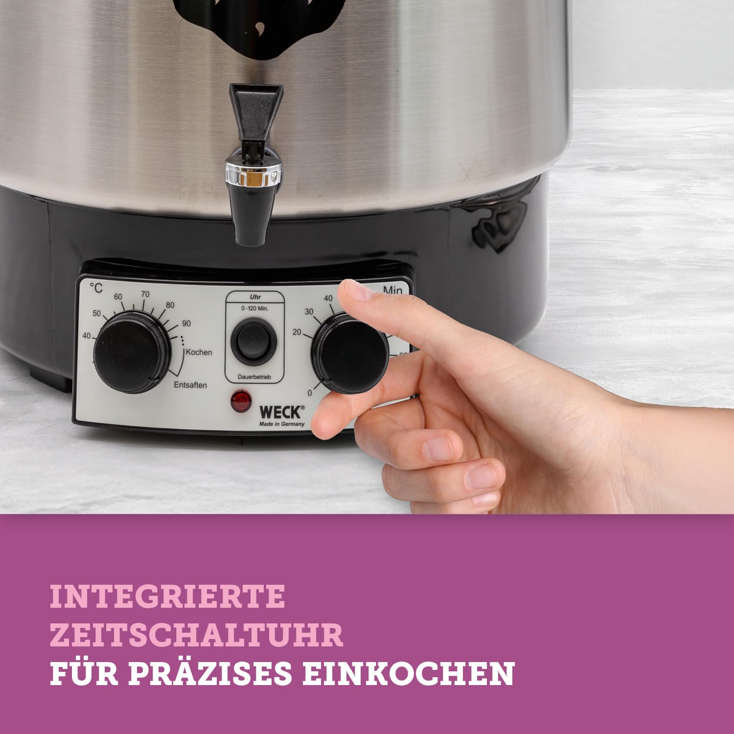 WECK Einkochautomat WAT25-A Edelstahl mit Präzisionsthermostat, Auslaufhahn & Zeitschaltuhr – 30L Einkochtopf, Glühweinkocher, Dampfentsafter, Einweckautomat – Made in Germany, hochwertig & vielseitig