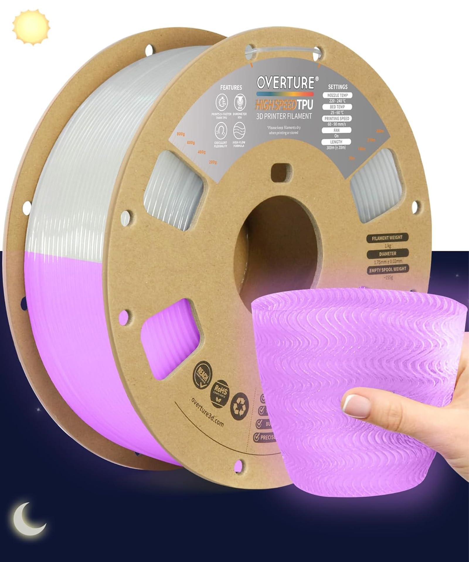 OVERTURE TPU 1,75 mm Filamento Flessibile High Speed TPU 1kg (HS Luminous Pink)