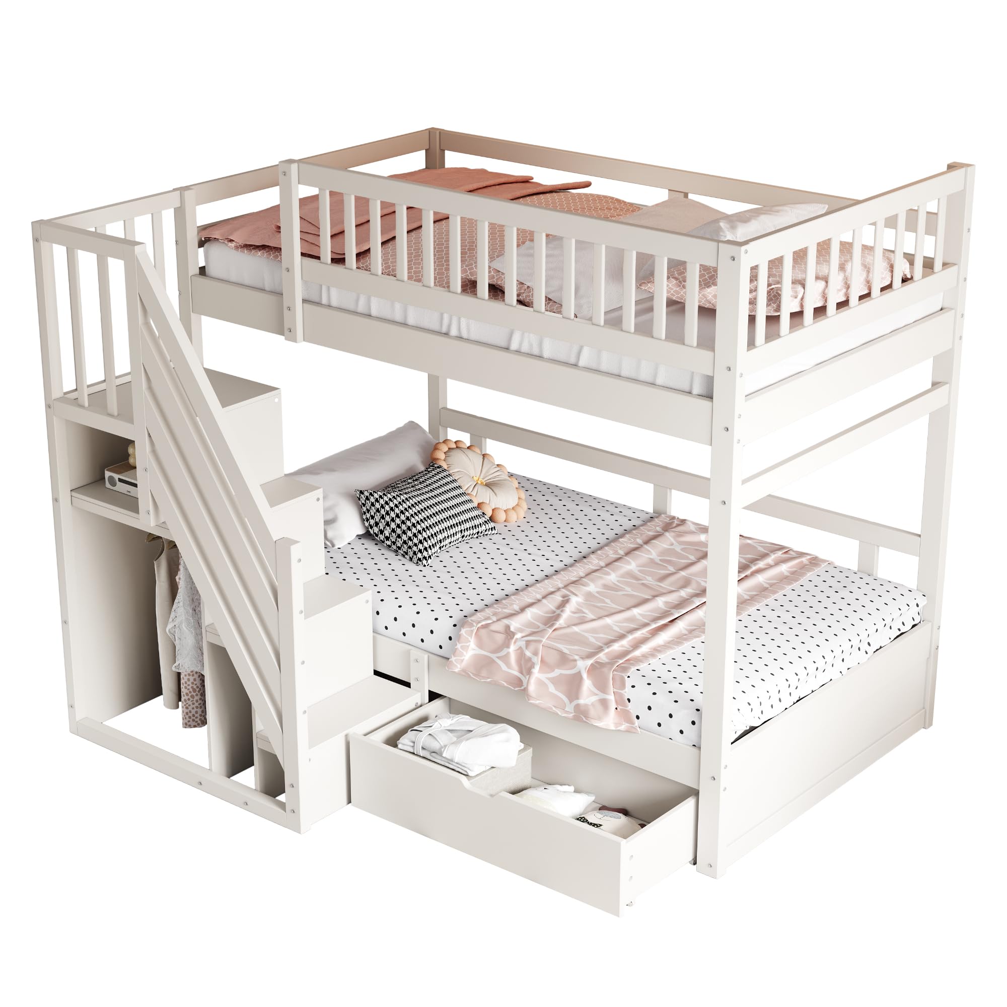 Soweiz Lettino per bambini 90 x 200 cm, in legno massello con rete di sicurezza elevata, con rete a doghe, scala di sicurezza con vano portaoggetti, letto per ragazzi (bianco)