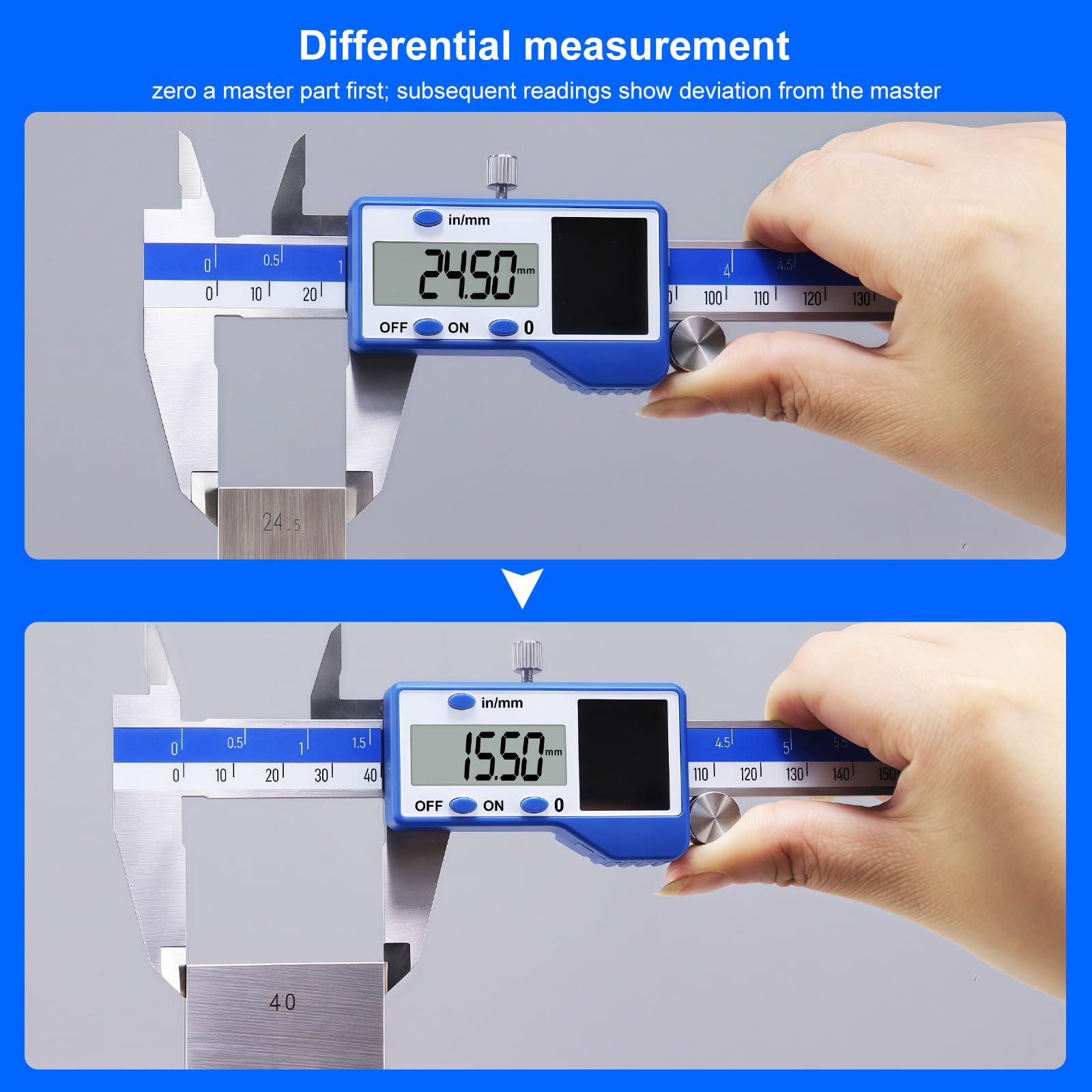 solar-powered electronic vernier calipers, with dual IN/MM scale display, one-second reading, and precise measurement.
