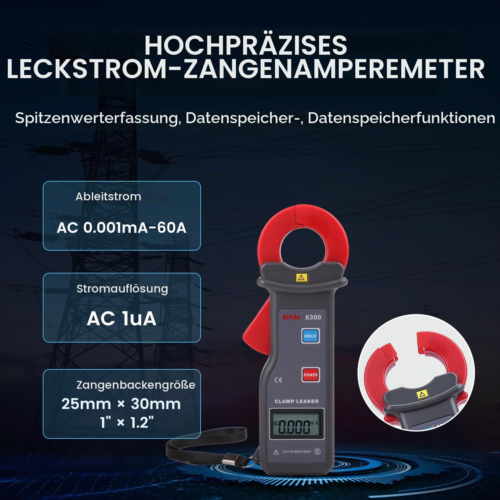 EITAI6300 Digitales Leckstromzange, 1µA Auflösung, 0.001mA-60A, Hersteller-Direktvertrieb, hochpräzise Stromzange, Leakage Low Current Clamp Meter, Amperezange für Leckstrom Erdschluss