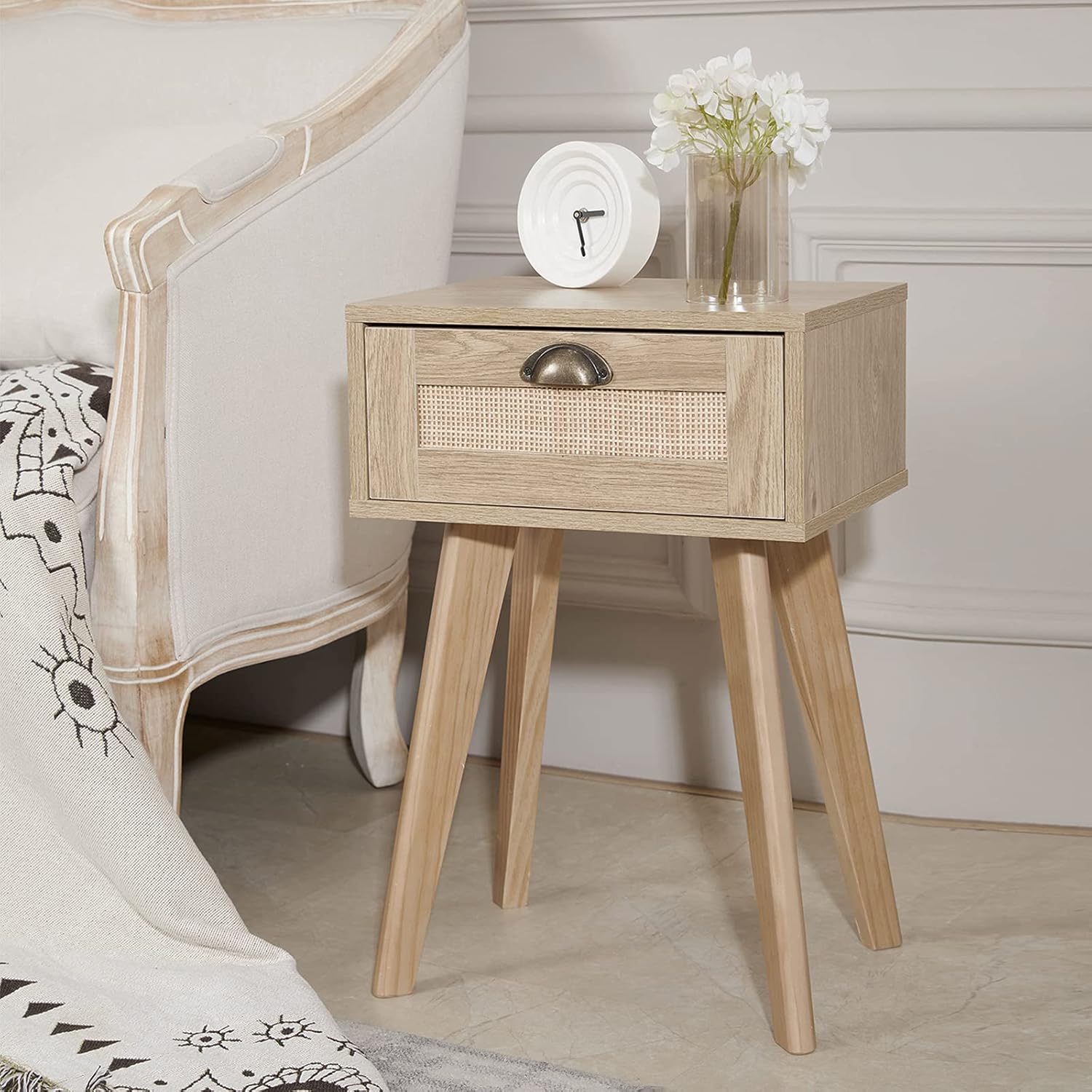 FairyHaus Nightstand with Drawer, Rattan Nightstands for Bedrooms with Sturdy Legs, Small Wooden Bedside Table Night Stands with Drawers : Home & Kitchen
