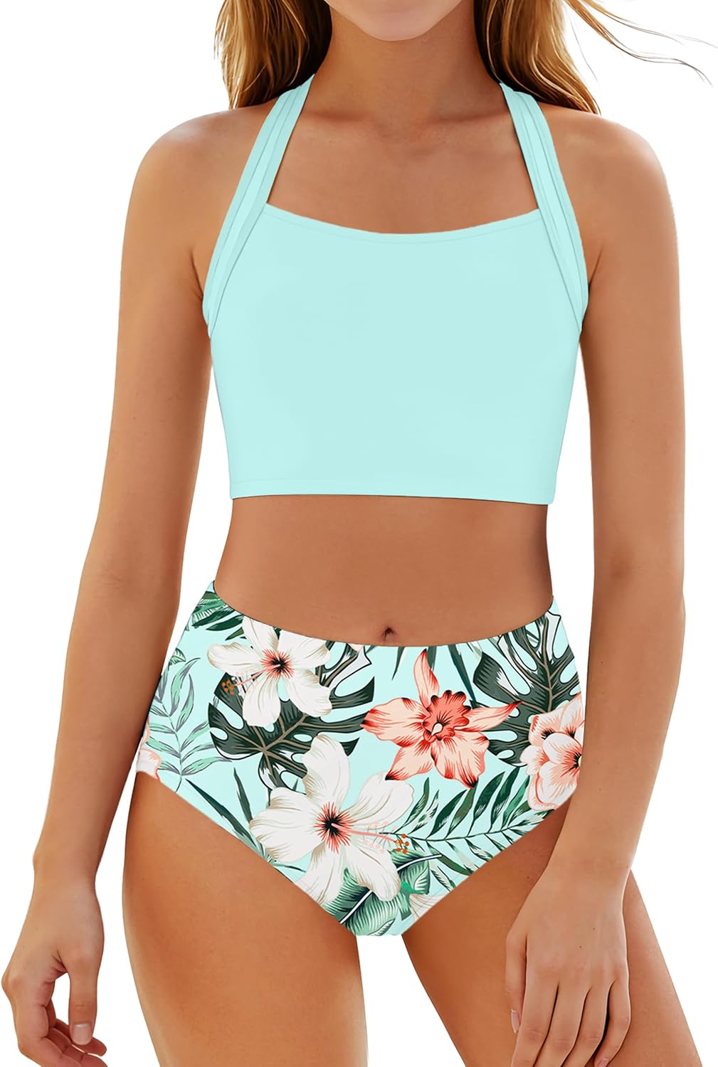 CRISONE Girls Swimsuit 2 Piece Bikini Sets Cross Straps Bathing Suit Color Block High Waisted Swimwear 9-16T