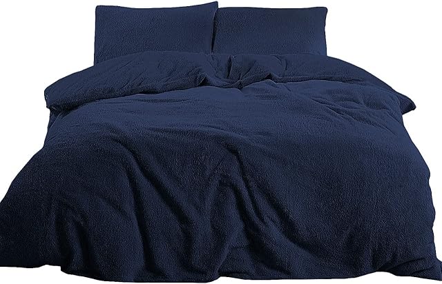 RAYYAN Linen Teddy Fleece Duvet Cover Bedding Set Thermal Warm Cosy Soft Fur Quilt Cover Bedding Set with Pillowcase(s) (Navy Blue, DOUBLE)