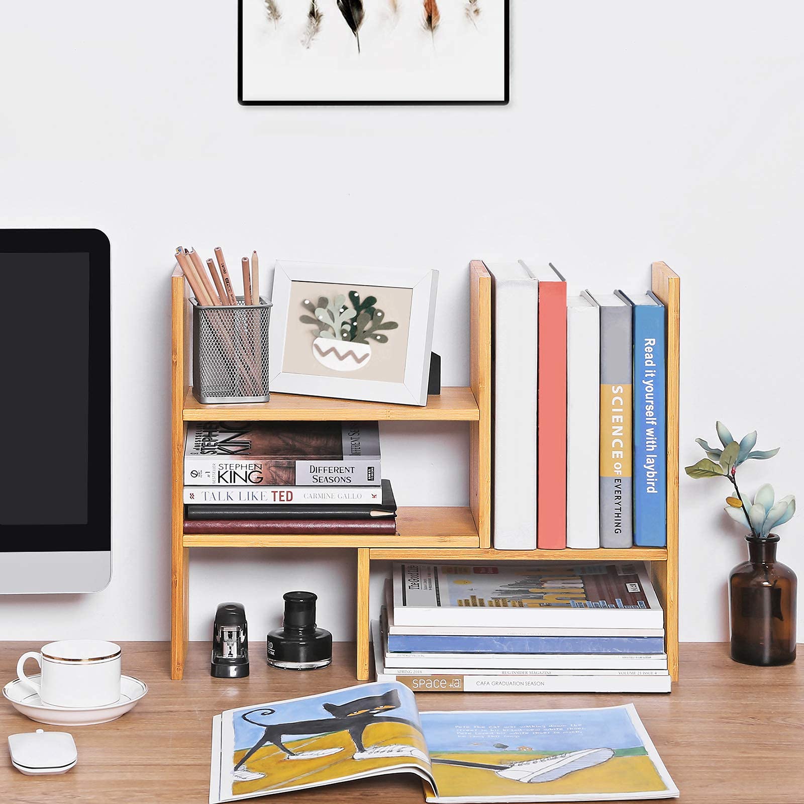 SONGMICS Schreibtisch-Organizer, modular, 3 Formen, verstellbar, platzsparend, kleine Bibliotheksdekoration, für Büro, Küche und Badezimmer, natürlicher Bambus OFS45NL
