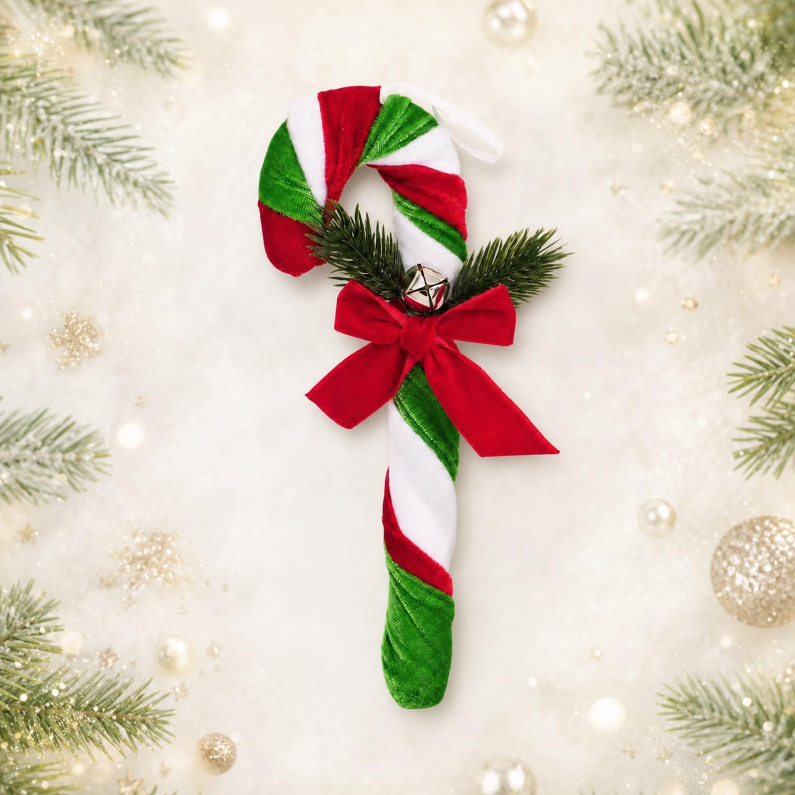 Plüsch-Zuckerstange mit Schleife und Glocke klassisch Zuckerstangen-Weihnachtsanhänger leicht Samt-Zuckerstange zum Aufhängen für Kamin, Großes