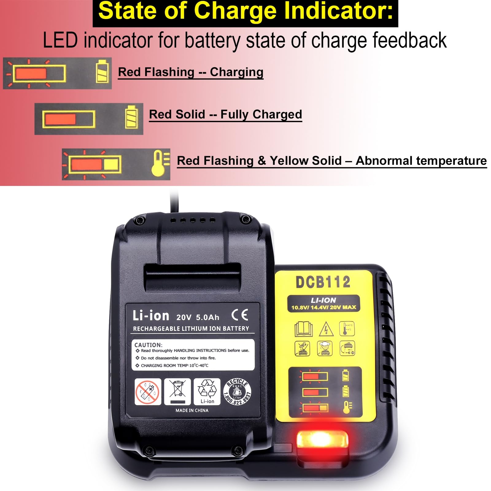 DCB112 Chargeur de rechange 2,0 A compatible avec chargeur de batterie Dewalt 20 V MAX, compatible avec les batteries Dewalt Tool DCB200 DCB201 DCB203 DCB204 DCB606 DCB609 DCB120 12 V 14,4 V 20 V/60 V