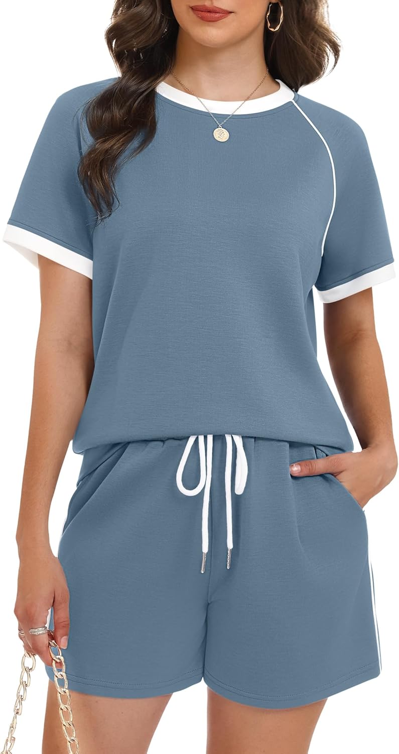 Casly Lamiit Women's 2 Piece Lounge Sets 2026 Summer Short Sleeve Tops Drawstring Shorts with Pockets Casual Travel Outfits - Image 2