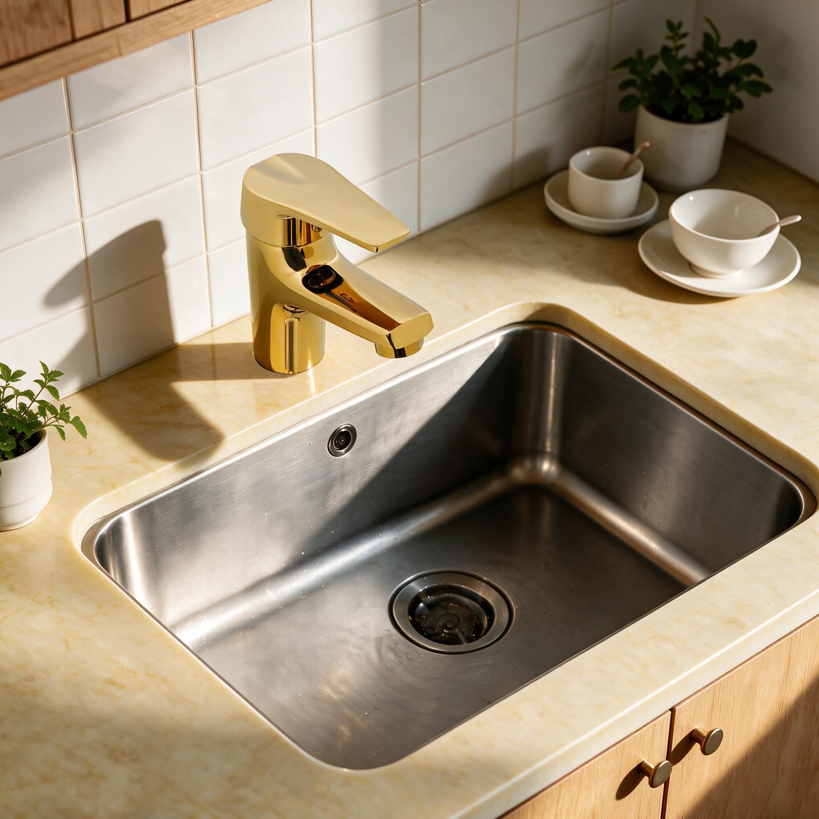 Grifo de lavabo de latón con orificio dorado