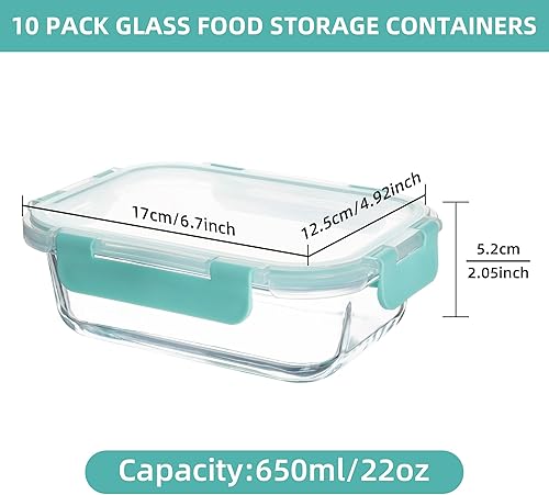Miniatura 2 de Paquete de 10 recipientes de vidrio de almacenamiento de alimentos de 22 onzas con tapas, recipientes de preparación de comidas, recipientes