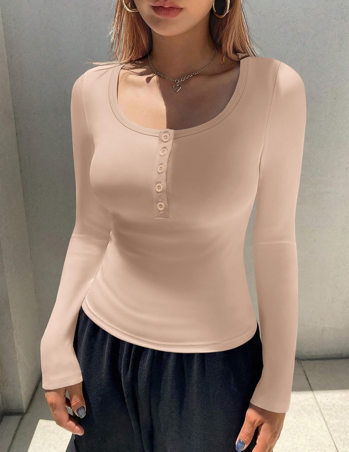 Ekouaer Women's Long Sleeve Henley T Shirts Fall Button Tops Slim Fit Casual Blouse Soft Thermal Undershirts - Image 3