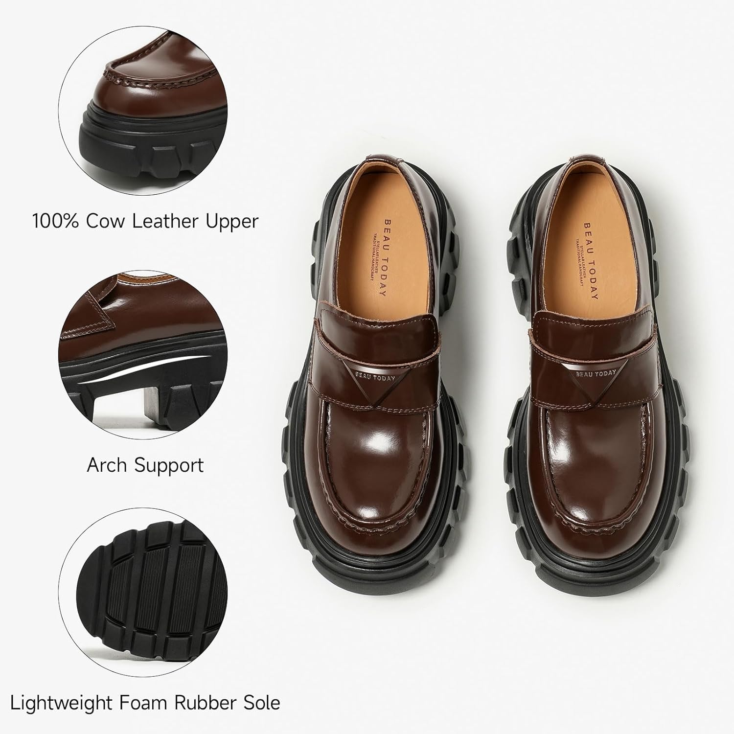 BEAU TODAY Platform Leather Loafers for Women, Chunky Lug Sole Loafers Women, Comfortable Slip-on Business Casual Non-Slip Round Toe Office Ladies Dress Shoes - Image 6
