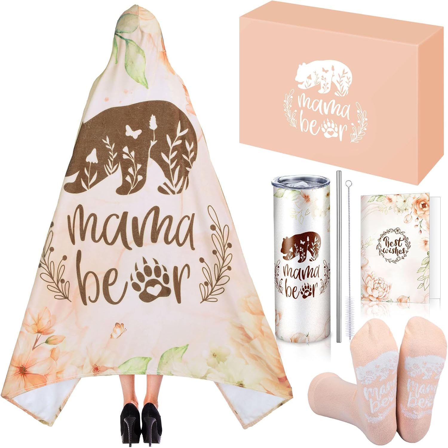 5 Pcs Nana Bear Birthday Gift Box Set for Grandma Mother's Day Wearable Blanket Hoodie Tumbler Greeting Card Socks Granny Grammy Gifts from Grandson Granddaughter Grandkids