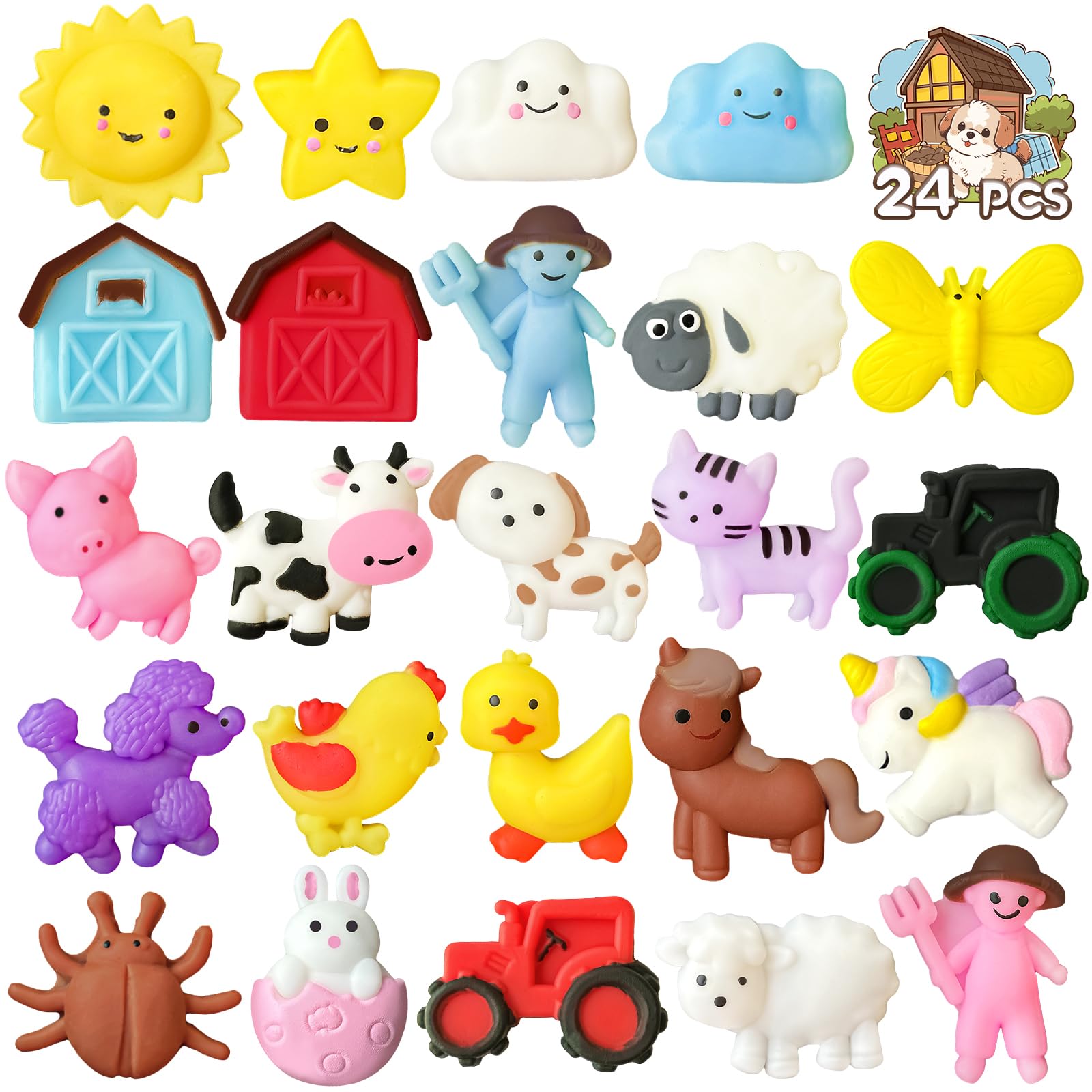UUSYCUN 24PCS Farm Mochi Squishy Toys for Party Favors, Animal Mochis Squishies for Kids, Party Animals Squishy Fidget Toy for Stress Relief, Adults, Desk Pets, Pinata Stuffers, Goodie Bags Fillers