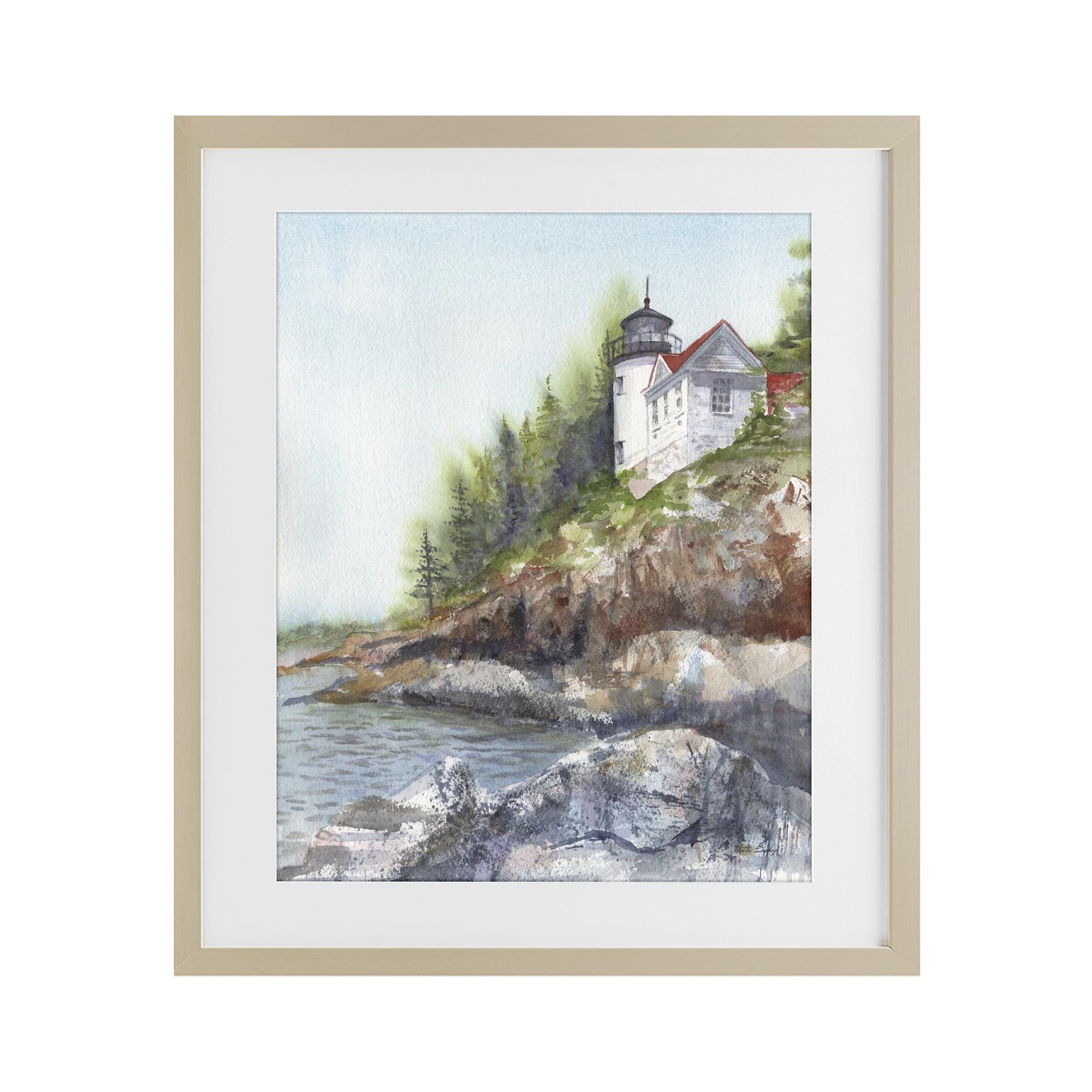 Stupell Industries 'Bass Harbor Lighthouse', Framed Print Under Glass, Brown, 13 x 16 Inches, Easy to Hang and Sturdy, Made in USA, by Patti Bishop