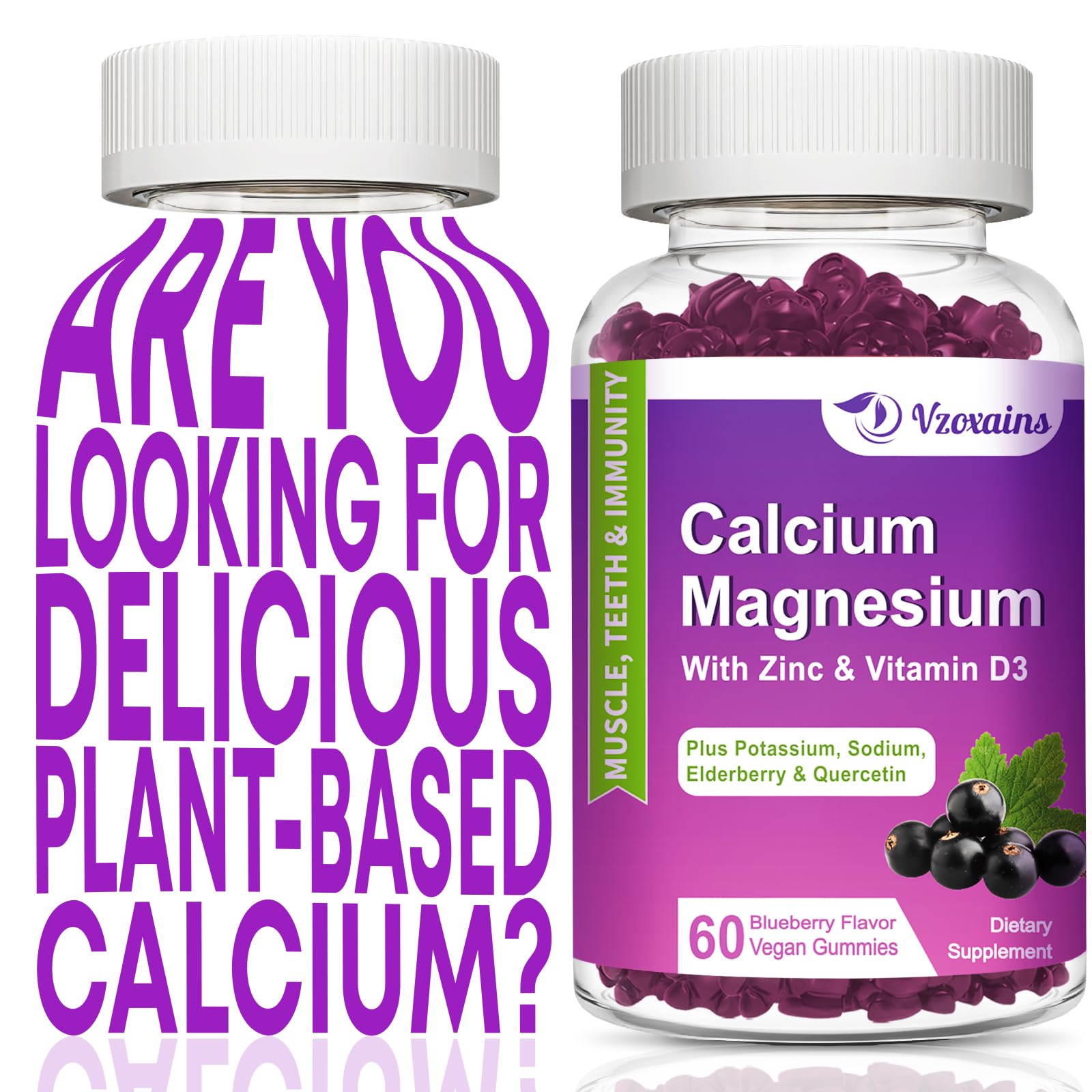 Plant Based Calcium Gummies 600mg, Calcium Magnesium Zinc with Vitamin D3 for Bone Strength, Sugar Free Calcium Supplements for Women & Men - 120 Counts Blueberry 60 Count (Pack of 2)