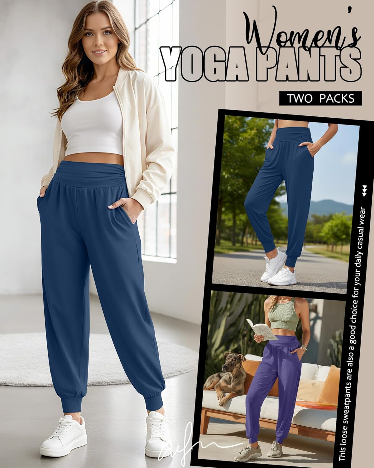2 Pack Women's Yoga Joggers, Cozy Sweatpants with Pockets Casual Loose Comfy High Waisted Lounge Pants - Image 6