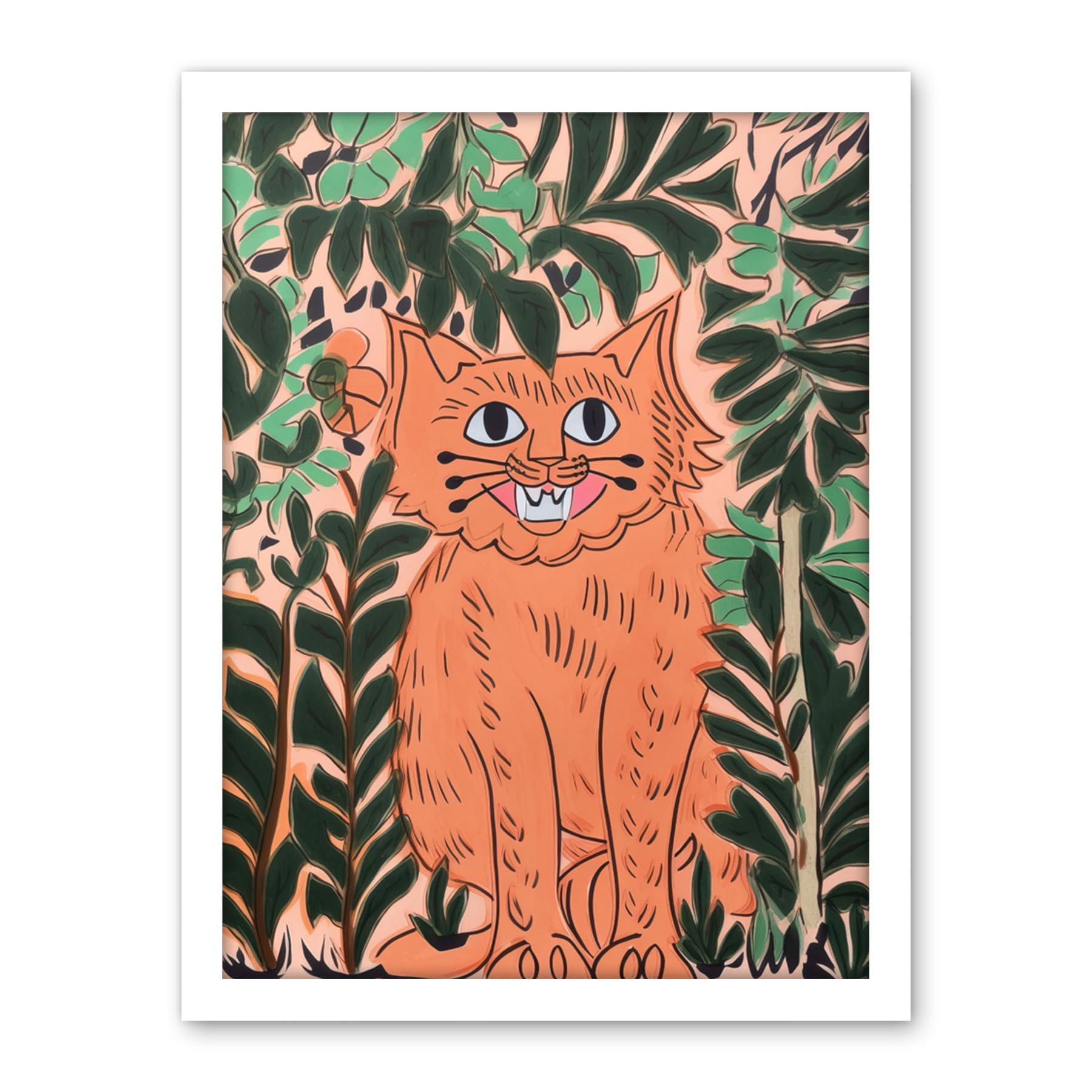 Artery8 Ginger Orange Tabby Cat in Plants Modern Folk Art Artwork Framed Wall Art Print 18X24 Inch