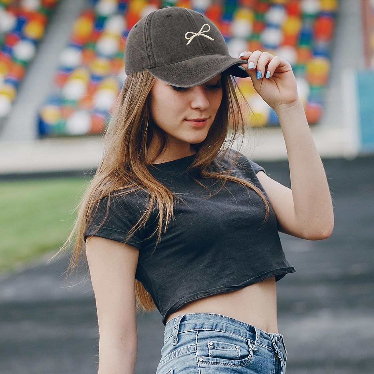 2 Pack Bow Baseball Caps for Women Men, Cute Adjustable Washed Sun Hats for Outdoor Running Golf Black - Image 4