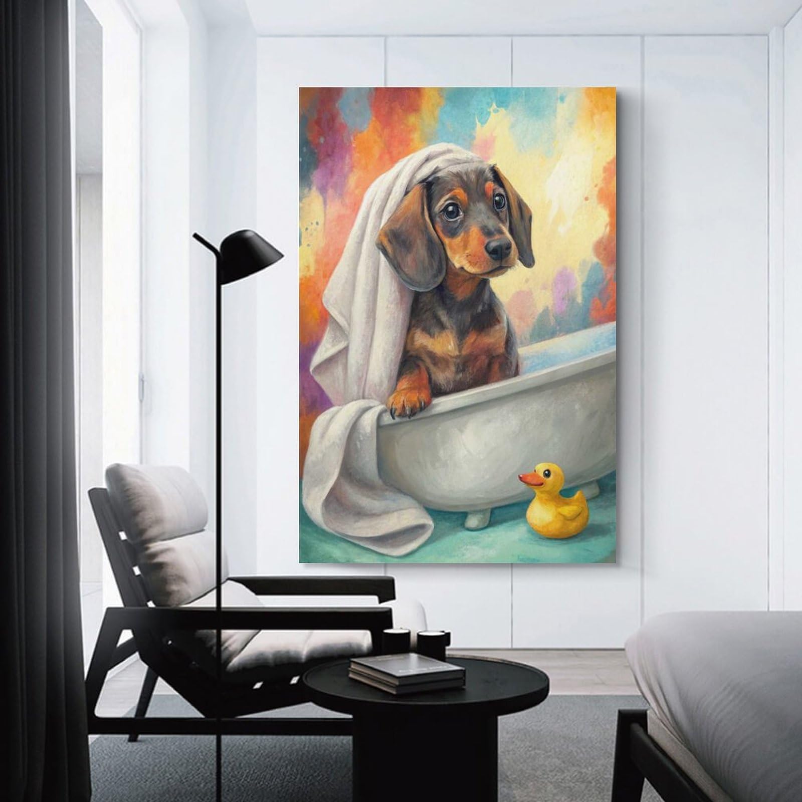 Junmoney Wall Picture Print Dachshund Puppy in Bathtub with Duck, 24x36inch(60x90cm), for Entrance Walls, Hall Decor Or Foyers, A Neat Decor Update for Hallways