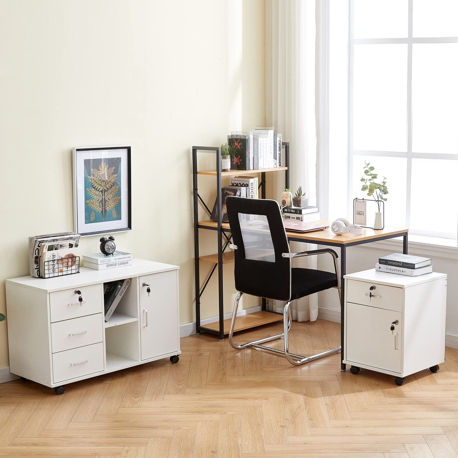 TUKAILAi Caisson de Bureau à roulettes, Meuble de Bureau à 2 tiroirs verrouillable, Caisson de Rangement Mobile, avec roulettes, pour Documents légaux Format A4 (Blanc)