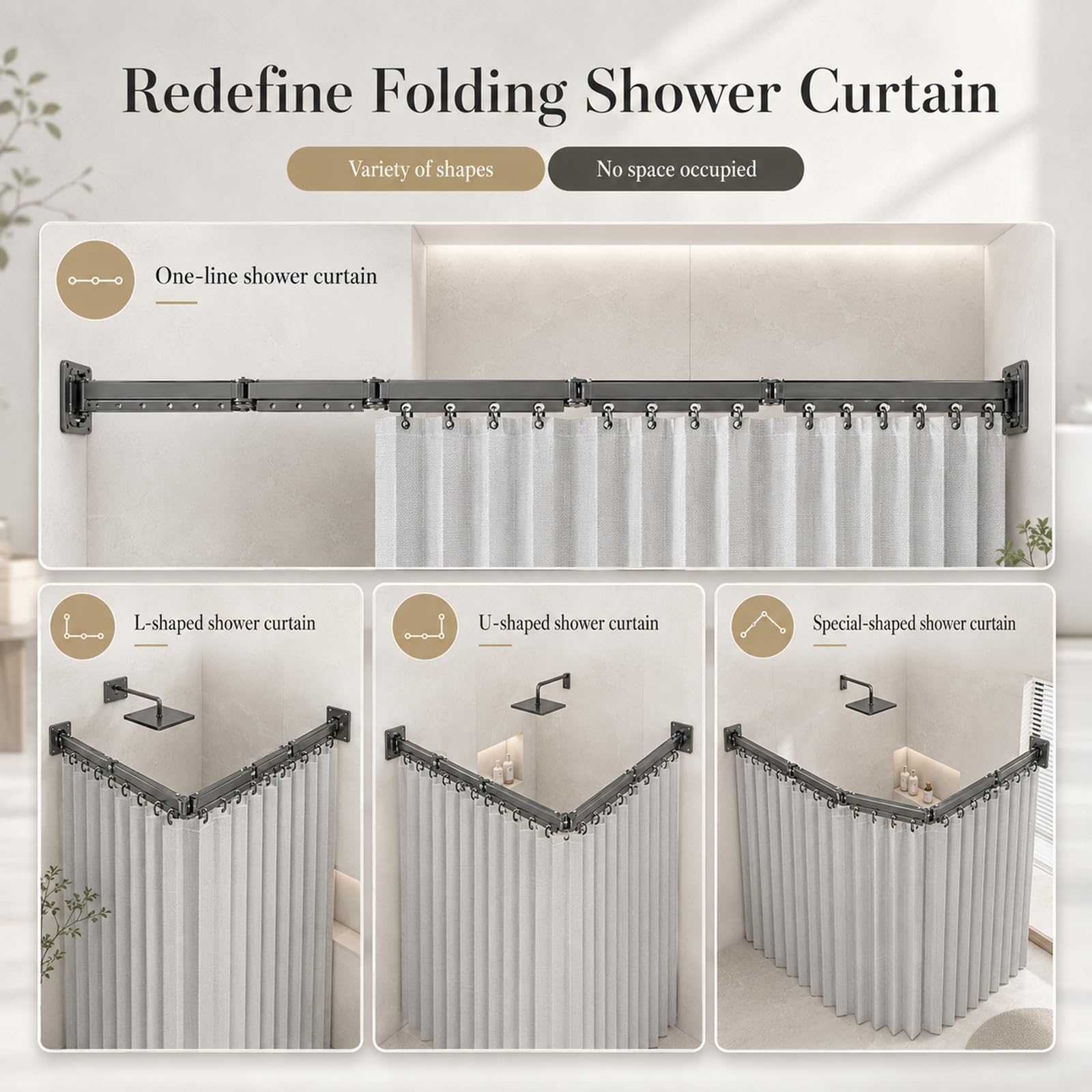 Rideau De Douche Sans Perçage, Tringle à Rideau De Douche Pliable Avec Ventouses, Résistante à La Moisissure, Imperméable, avc 1,8 m × 2 m Rideau Douche, Pour Douche d'Angle(5 Plis,160cm)