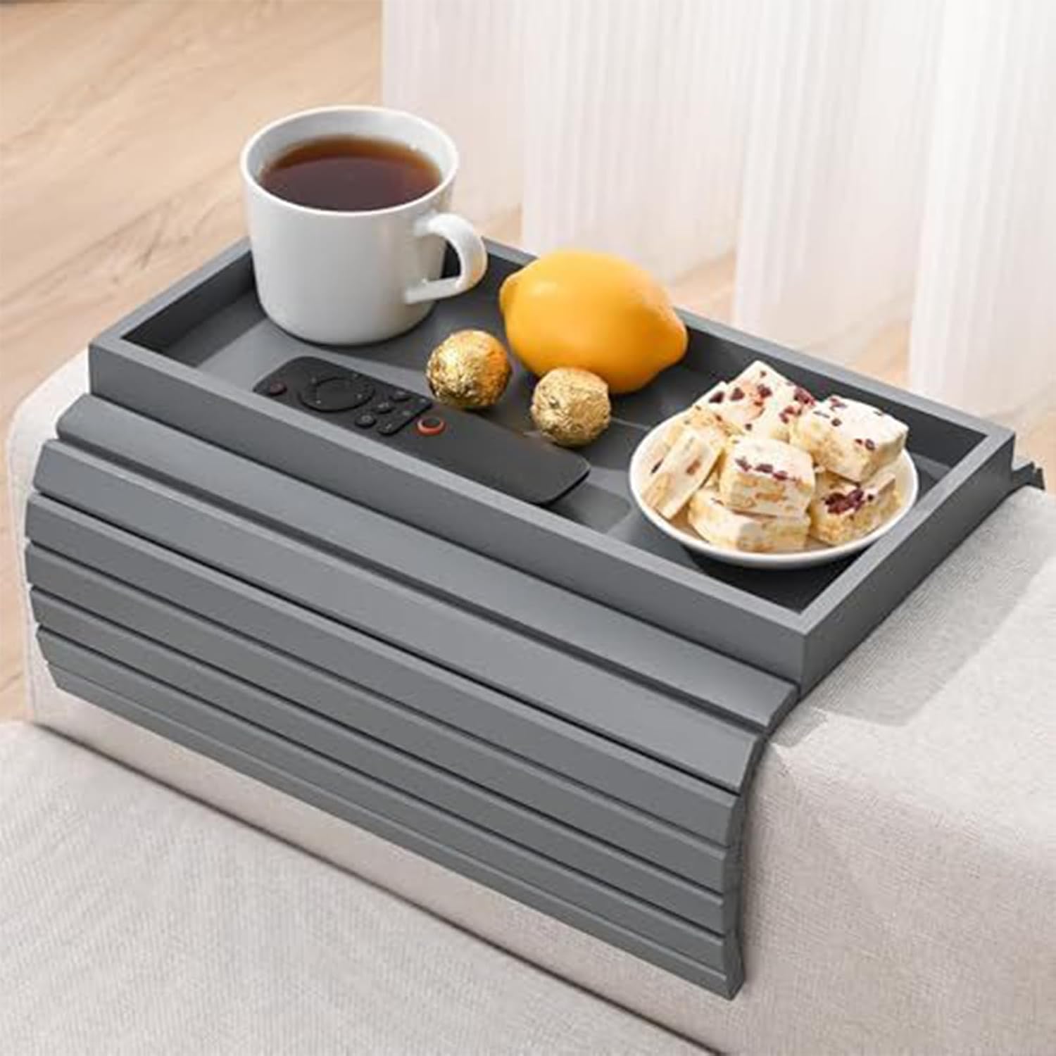 LESSF Couch Armrest Table, Bamboo Couch Arm Tray Sofa Arm Trays with Cup Mats, Anti-Slip Arm Chair Table Trays Sofa Side Table Sofas Arms Tables for Remote Control, Drinks, Phone, Cups (Grey)