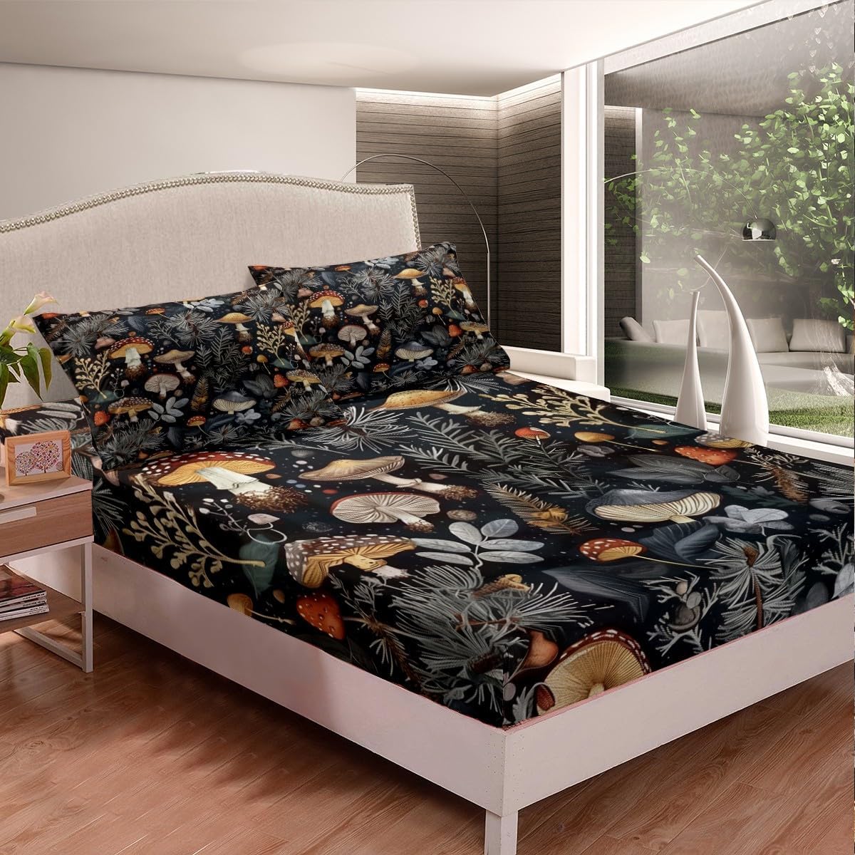 Feelyou Cute Mushroom Sheet Set King Size Kids Wild Mushrooms Bed Sheets Set for Boys Girls Teens Kawaii Fungus Sheets with Deep Pocket Fitted Sheet Breathable Mushroom Plants Bedding Set Bed Set