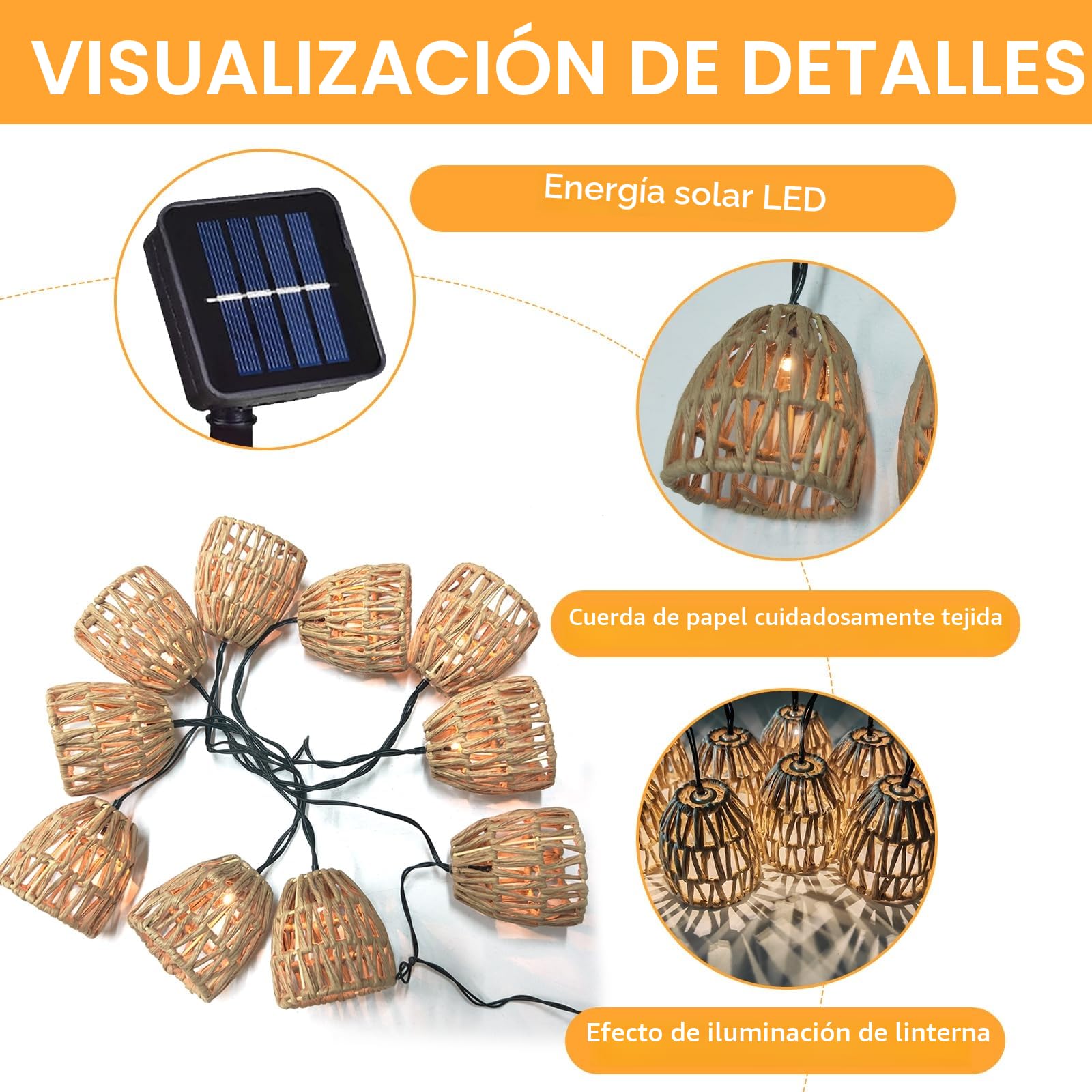 Guirnaldas Luces Exterior Solar,Luces Solares Led Exterior Jardin 3.6m,Cadena de Luz Solar,para Decorar Jardines,Patios,Terrazas,Fiestas