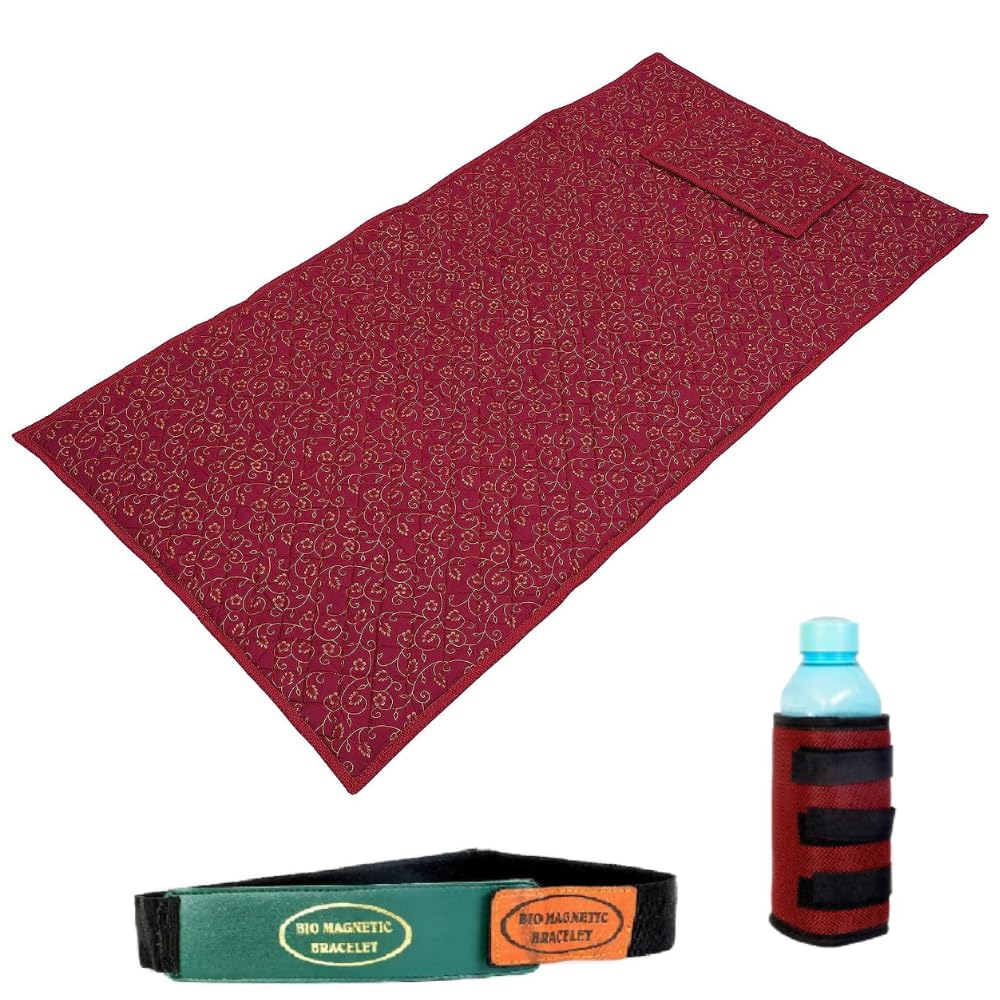 Magnowell Bio Magnetic Mattress Pad | 3 x 6 Ft | Comes with 1 Pillow | Water Bottle Cover/Bio Magnetic Water Energy Pad | Bio Magnettic Hand Bracelet Combo for Deep Sleep and Pain Relief | (Maroon)