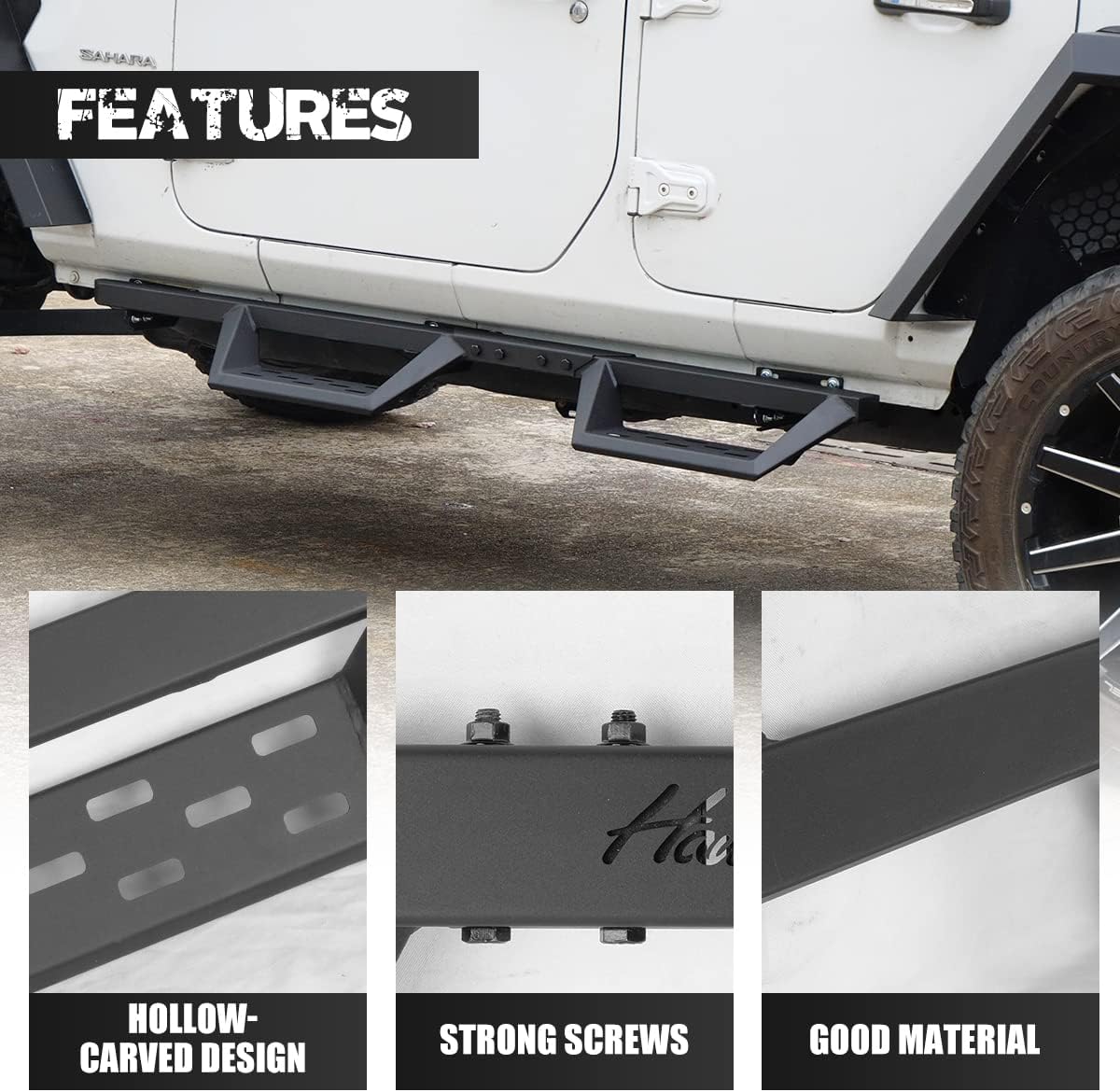 Wrangler Running Boards 4 Door Compatible with 2007-2018 Wrangler JK JKU Unlimited 4 Doors, HAWKLEY Side Steps Dual-Stage Textured Black Powder | Nerf Bars | Running Boards