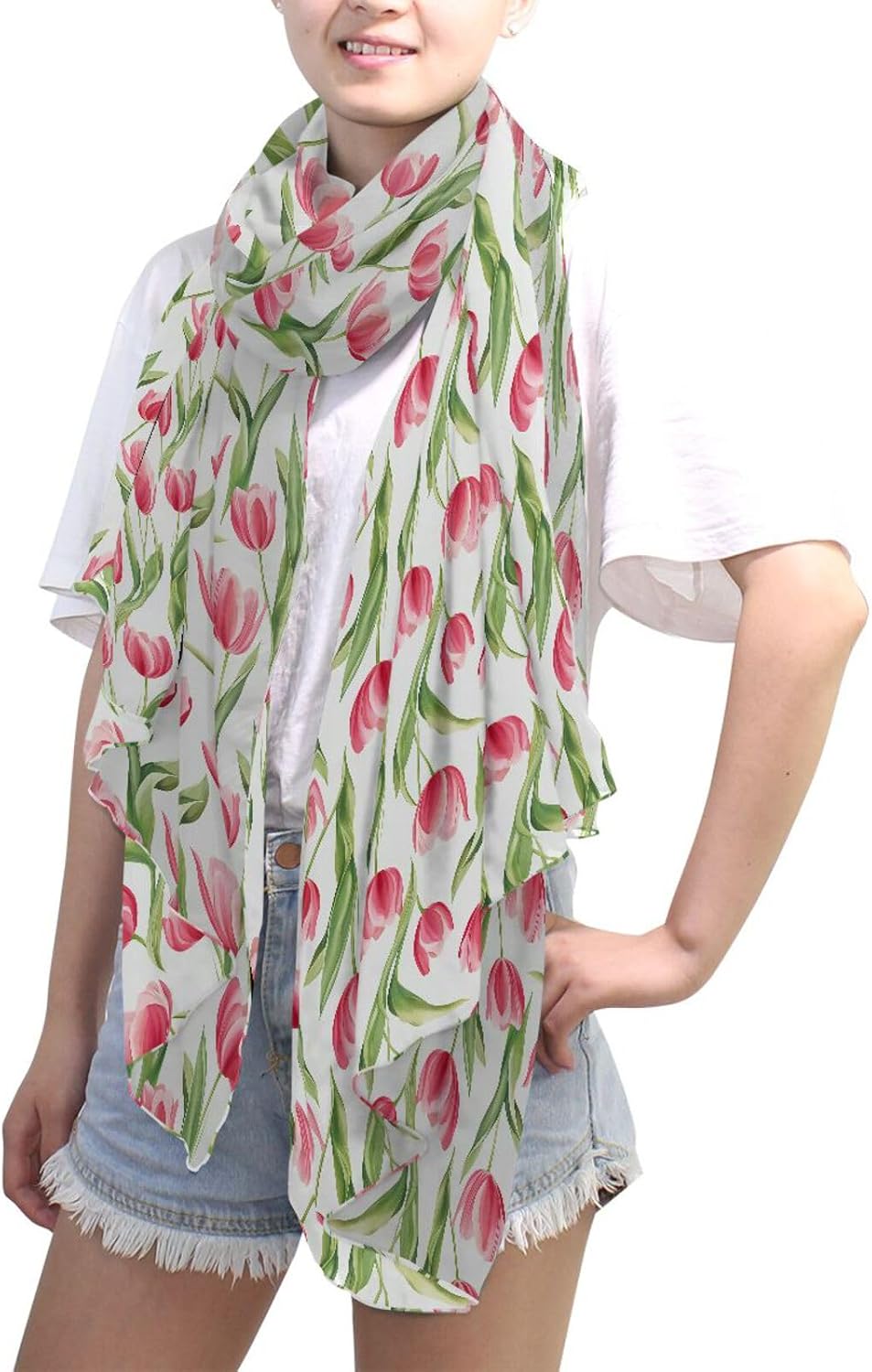 ALAZA Romantic Spring Flower Pink Tulip Sheer Scarves Shawl Wrap Women Light Soft Infinity Oblong Chiffon Scarf for Outdoor