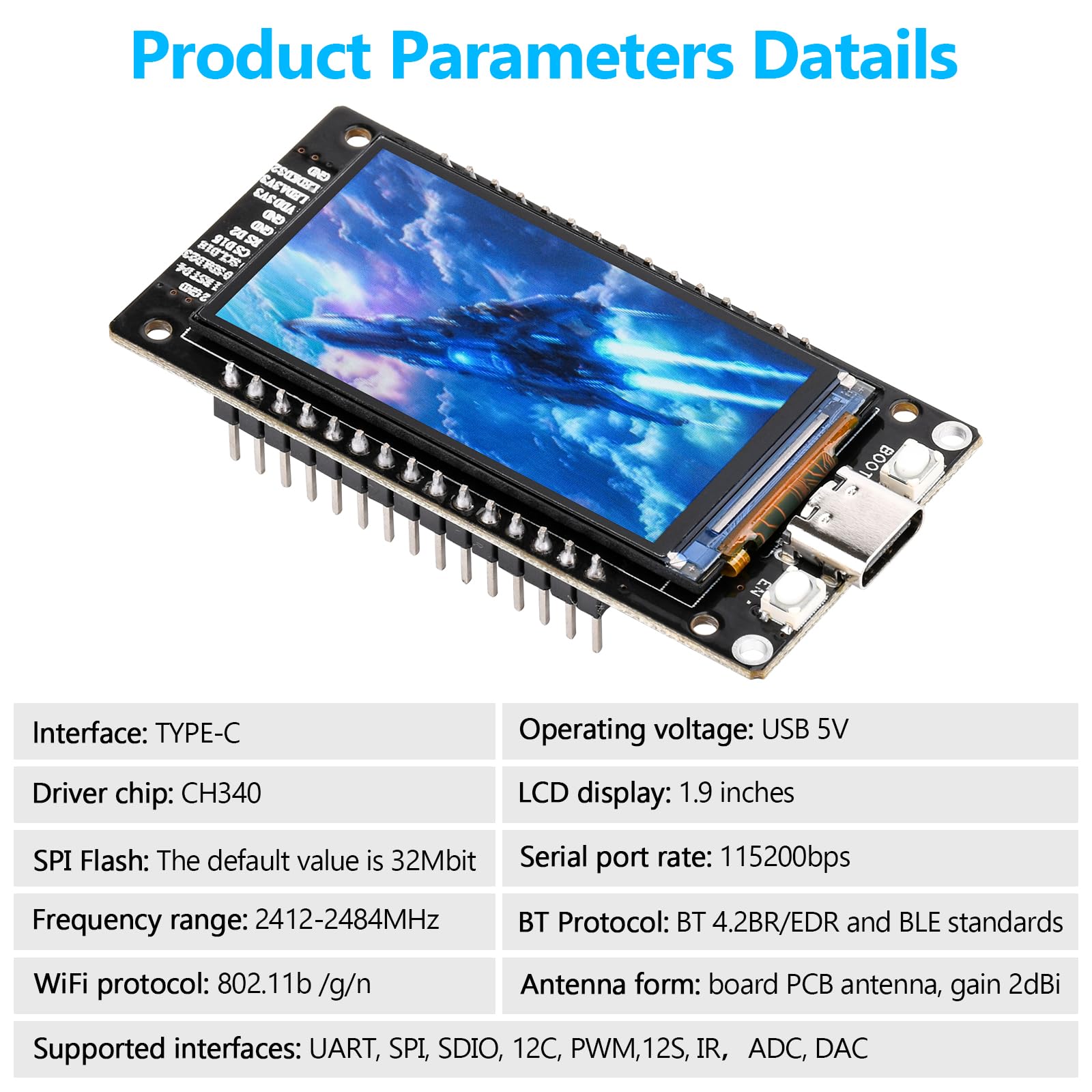 diymore Carte de développement pour ESP32 avec écran LCD 1.96inch 2.4 GHz WLAN WiFi Bluetooth BLE MCU CH340 Chip pour ESP32 32 Nodemcu USB C