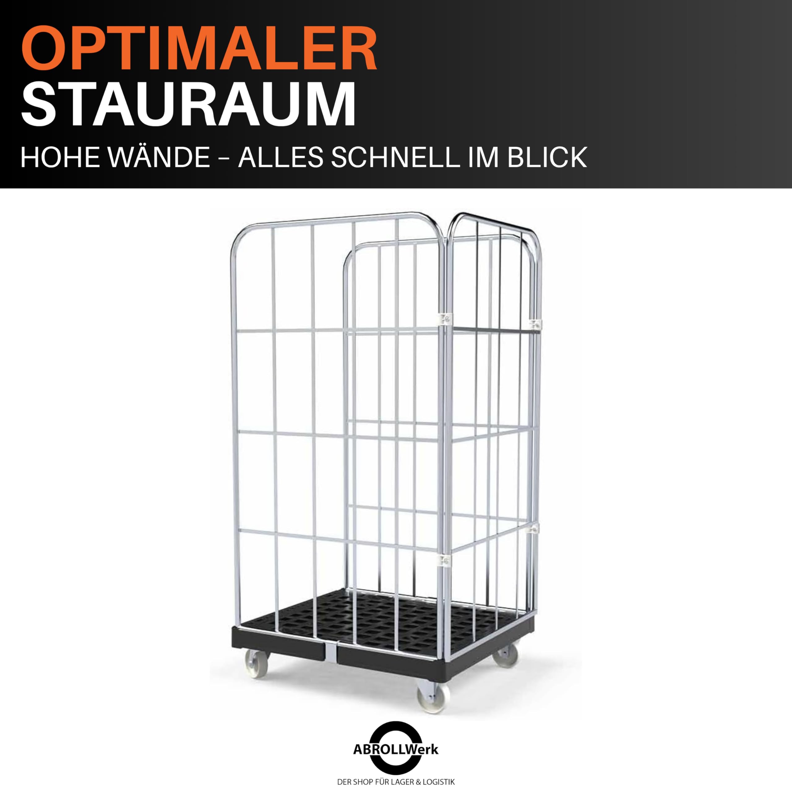 Rollbehälter 1350 mm Nutzhöhe (500 kg Traglast), Kunstoffplatte schwarz, 3-seitig, Maße 724 x 815 x 1530 mm – robuster Gitterwagen Typ Cr3-verzinkt für Garage, Lager, Transport und Logistik