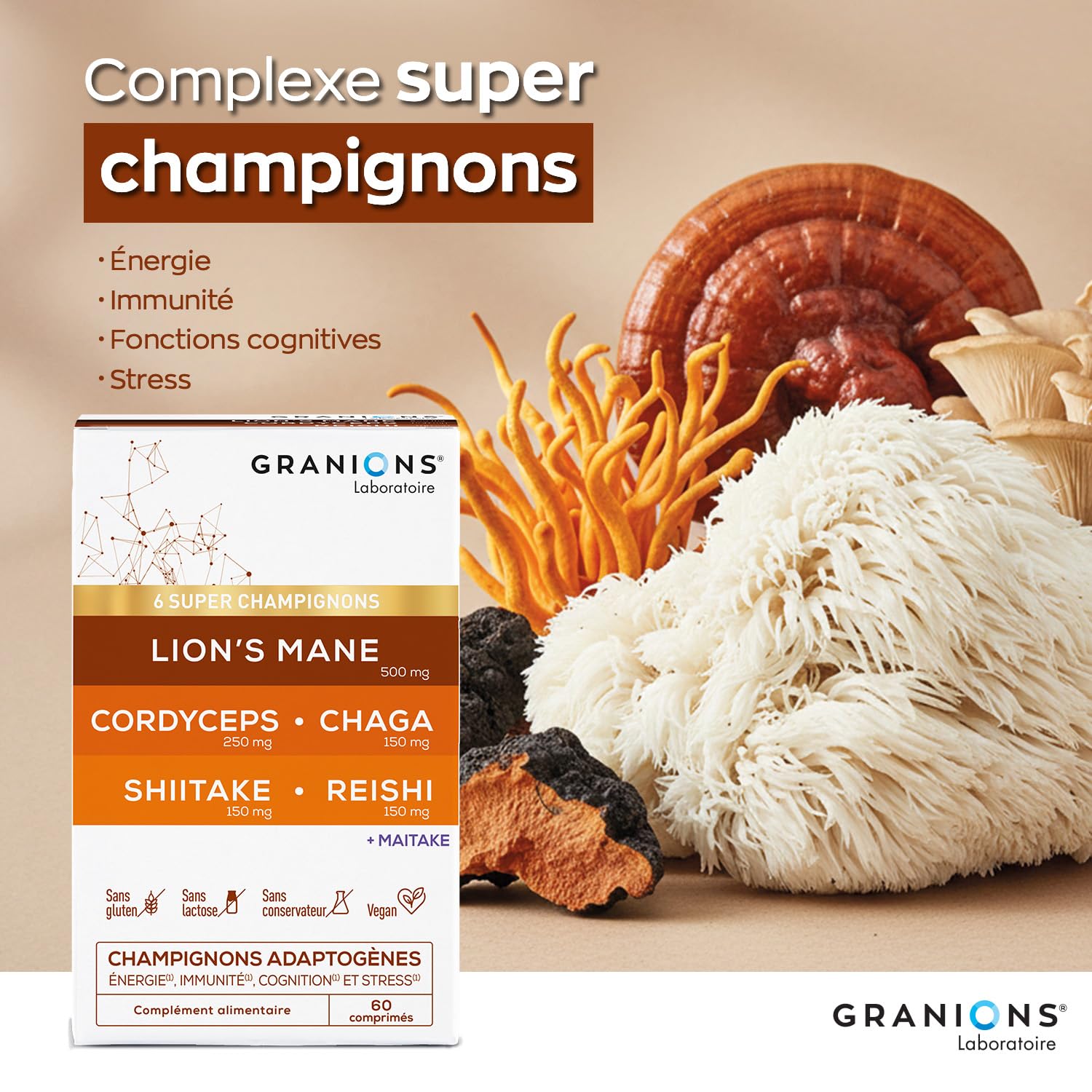 GRANIONS – Complexe Super Champignons Adaptogenes – LIONS MANE + CHAMPIGNONS CORDYCEPS + reishi + chaga + shiitake + maitake – energie immunite cognition stress – vegan 60 comprimes – 1 MOIS