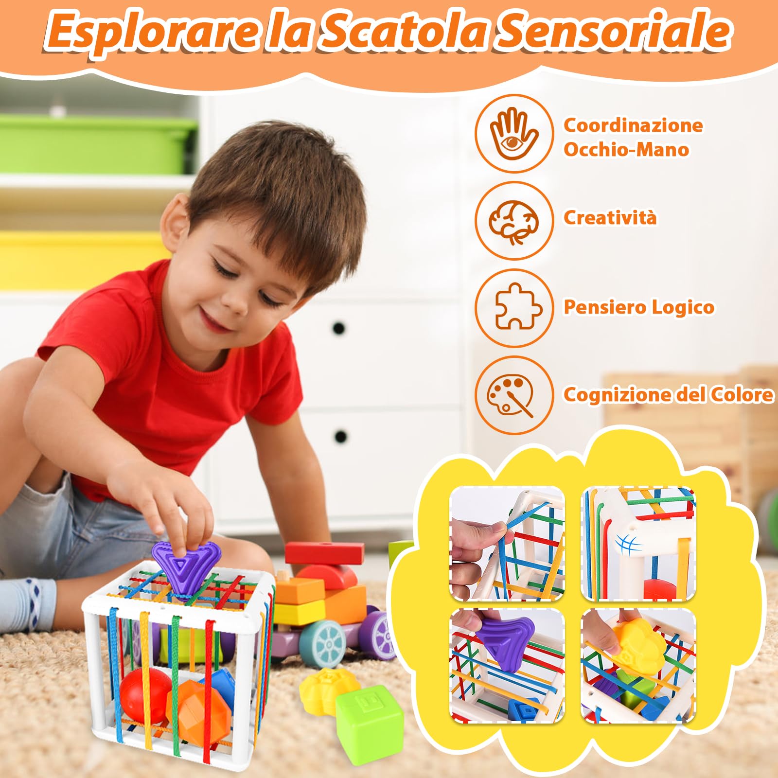 Herenear Giochi Montessori per Neonati, 6 in 1 Montessori Sensoriali Giocattoli, Blocks Impilabili, Giocattoli a Ventosa, Giocattolo Cubo attività, Regalo Giochi Neonato 6 ai 18 Mesi