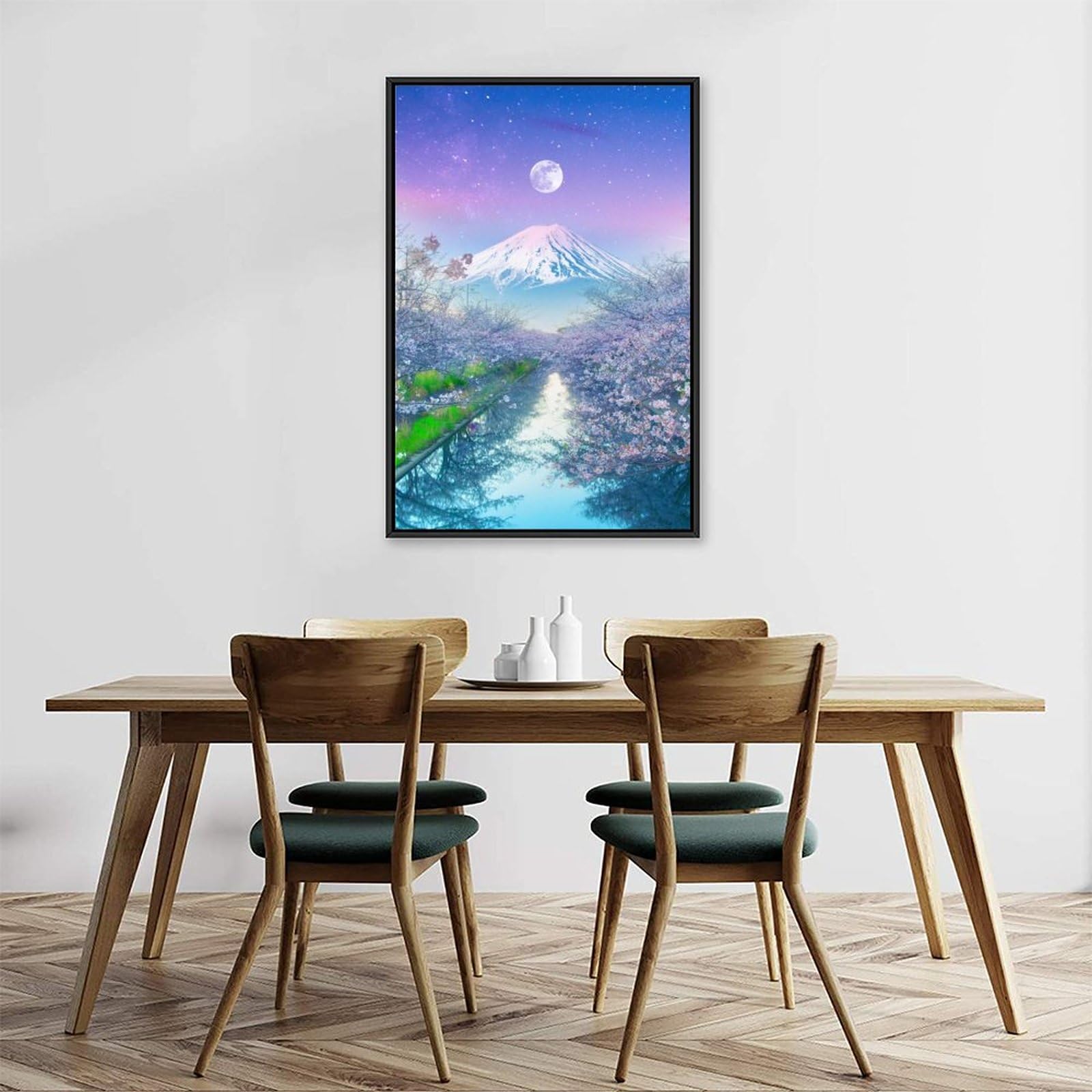 Amazon.co.jp: 絵画 満月の下の富士山と桜の川インテリア 絵画 日本の