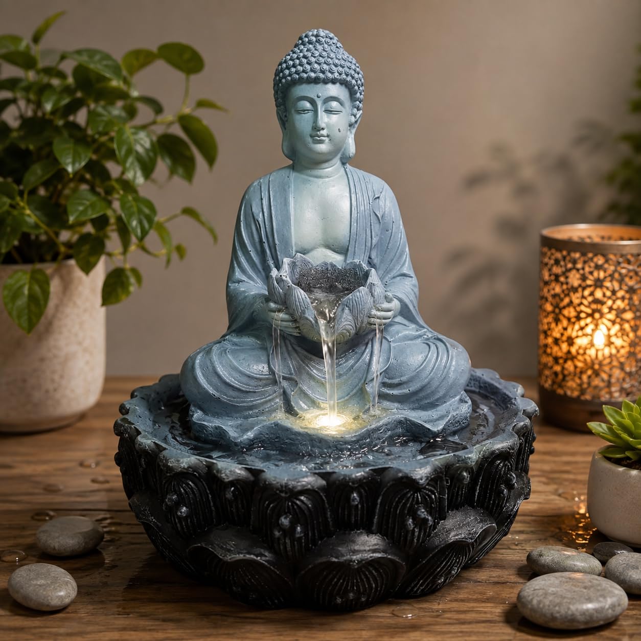 9 Inch Meditating Lord Buddha Lotus Water Fountain Idol Decorative Tabletop Water Feature with LED Light for Home Decor, Mandir, Balcony, Relaxation, Feng Shui-picture-29