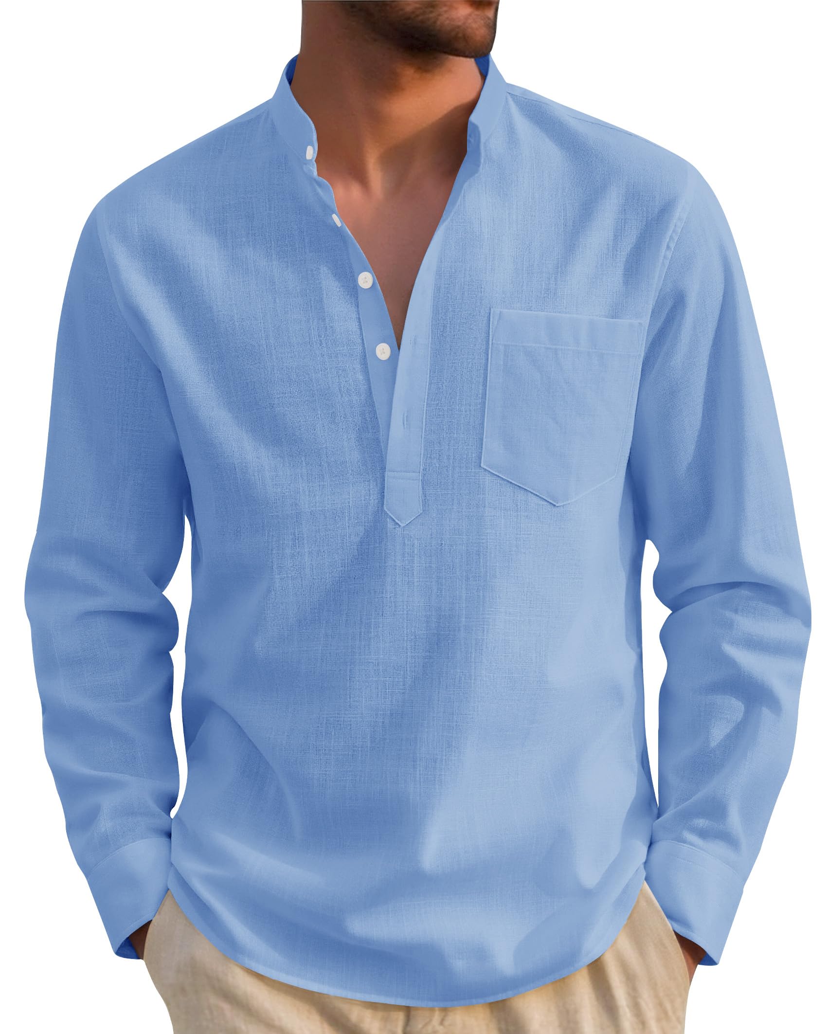 J.VER Hemd Herren Baumwolle leinenhemd Henley Shirt Langarm in Regular Fit Atmungsaktives Freizeithemd mit Tasche für Sommer und Urlaub