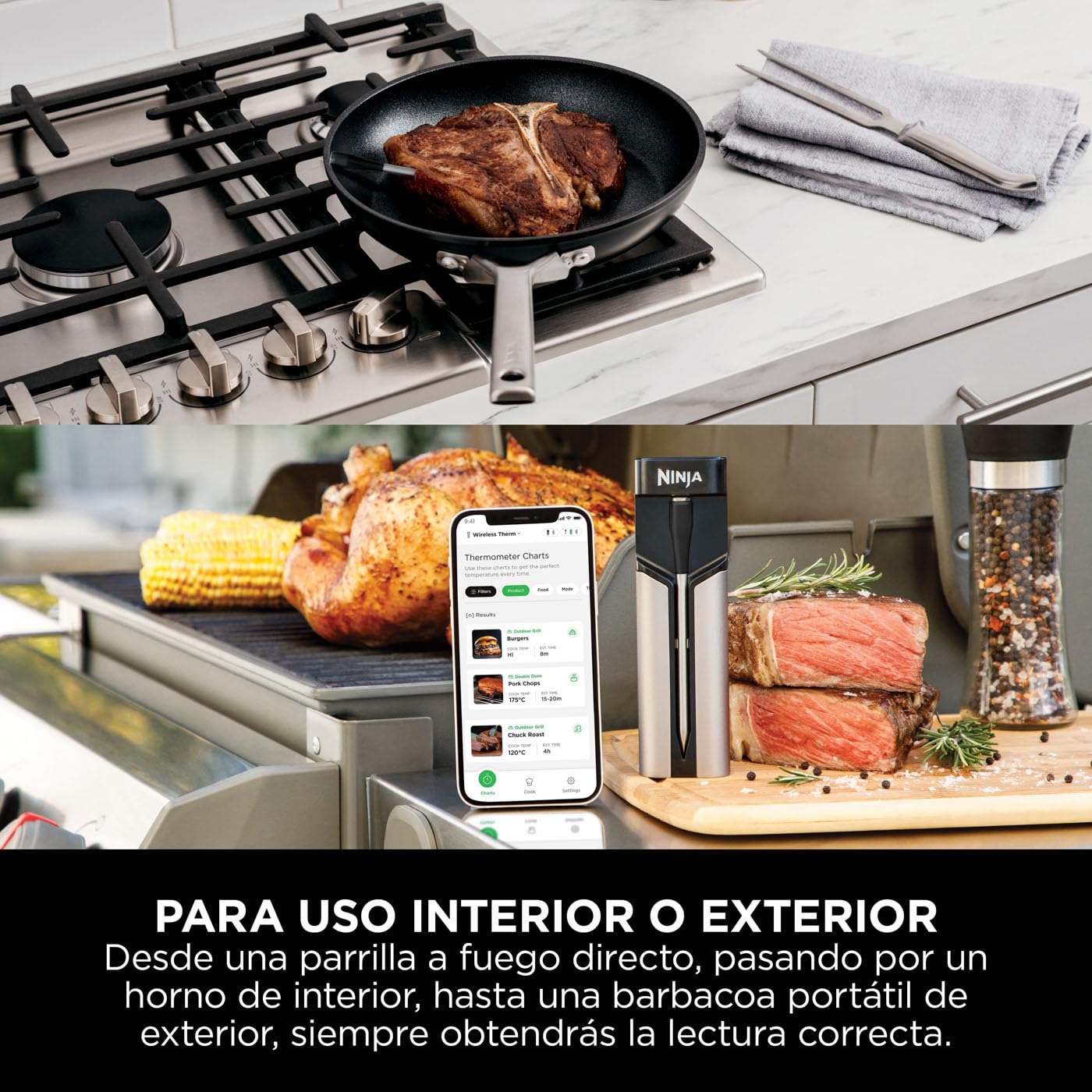 Ninja ProChef Sensor digital de cocina inalámbrico, uso exterior e interior, cocinar, asar y freír con aire, resistente al agua, Bluetooth alcance 50m, conexión a app, automomía 30 h, WP100EU