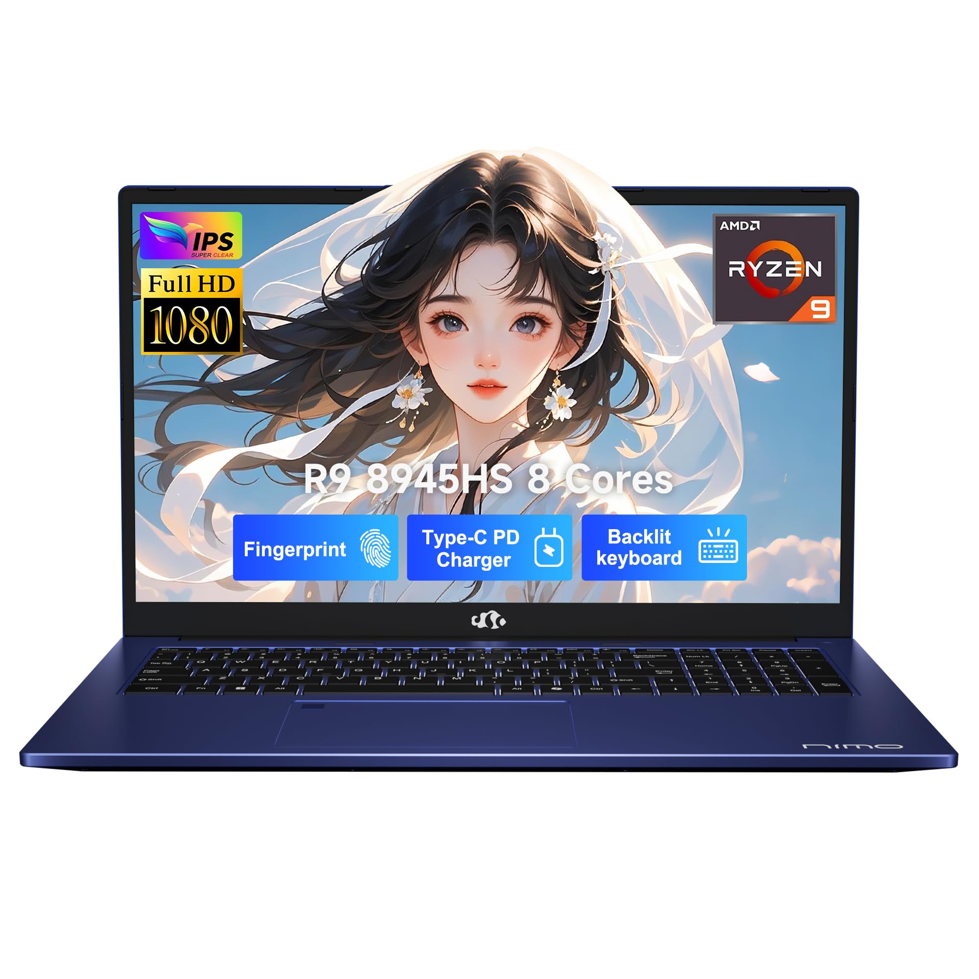 NIMO 17.3 Gaming-Laptop Ryzen 9 8945HS (Beat i9-13900H, Up to 5.2GHz) 32GB RAM, 1TB SSD, Radeon 780M, PD 100W Type-C AI-Enhanced for Copilot VR Ready, 75W Battery, Backlit Keyboard, Fingerprint