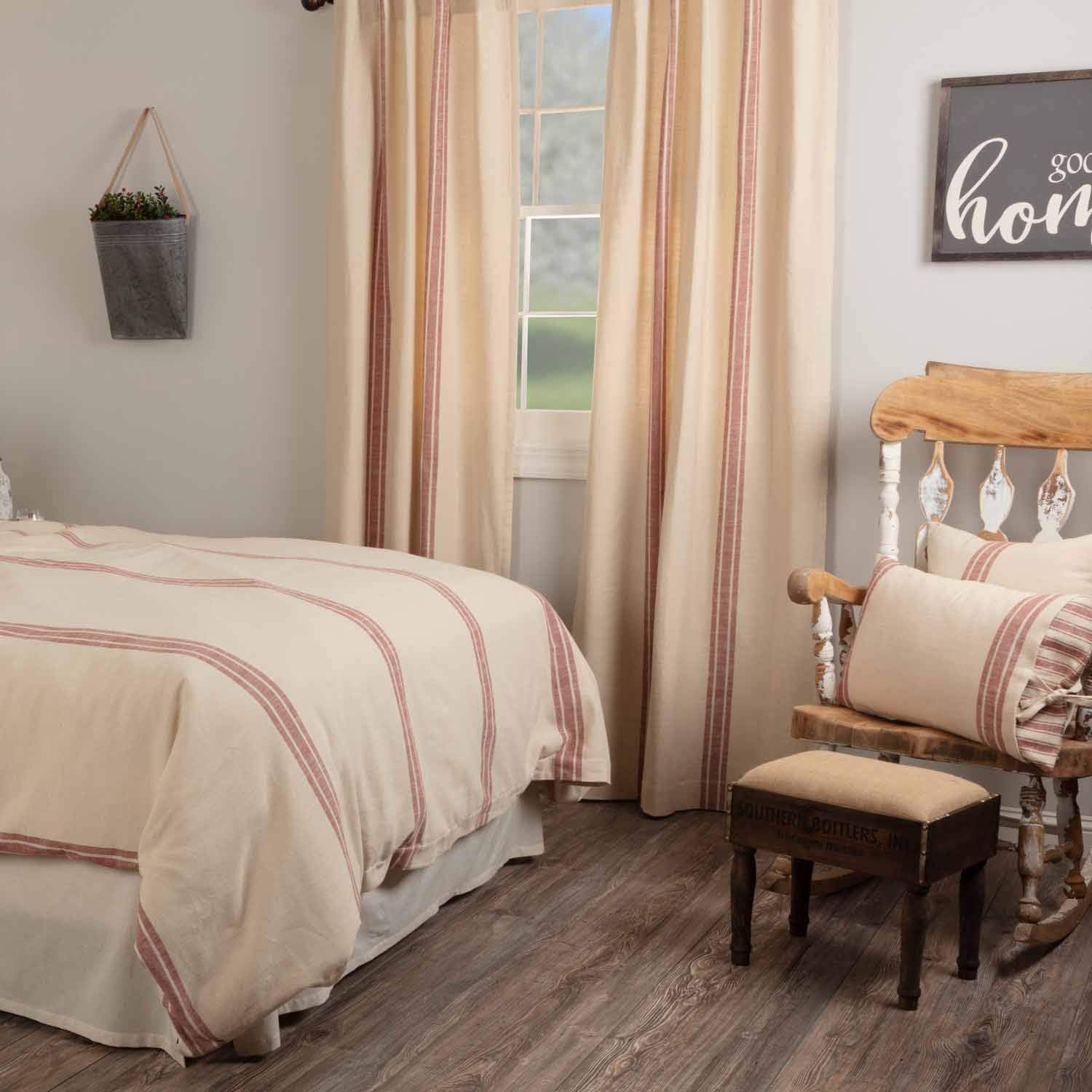 Piper Classics Market Place Red Grain Sack Stripe Panel Curtains, 96" Long, Set of 2 Panels, Farmhouse Style Drape Curtains in Brick Red & Natural Cream Stripes