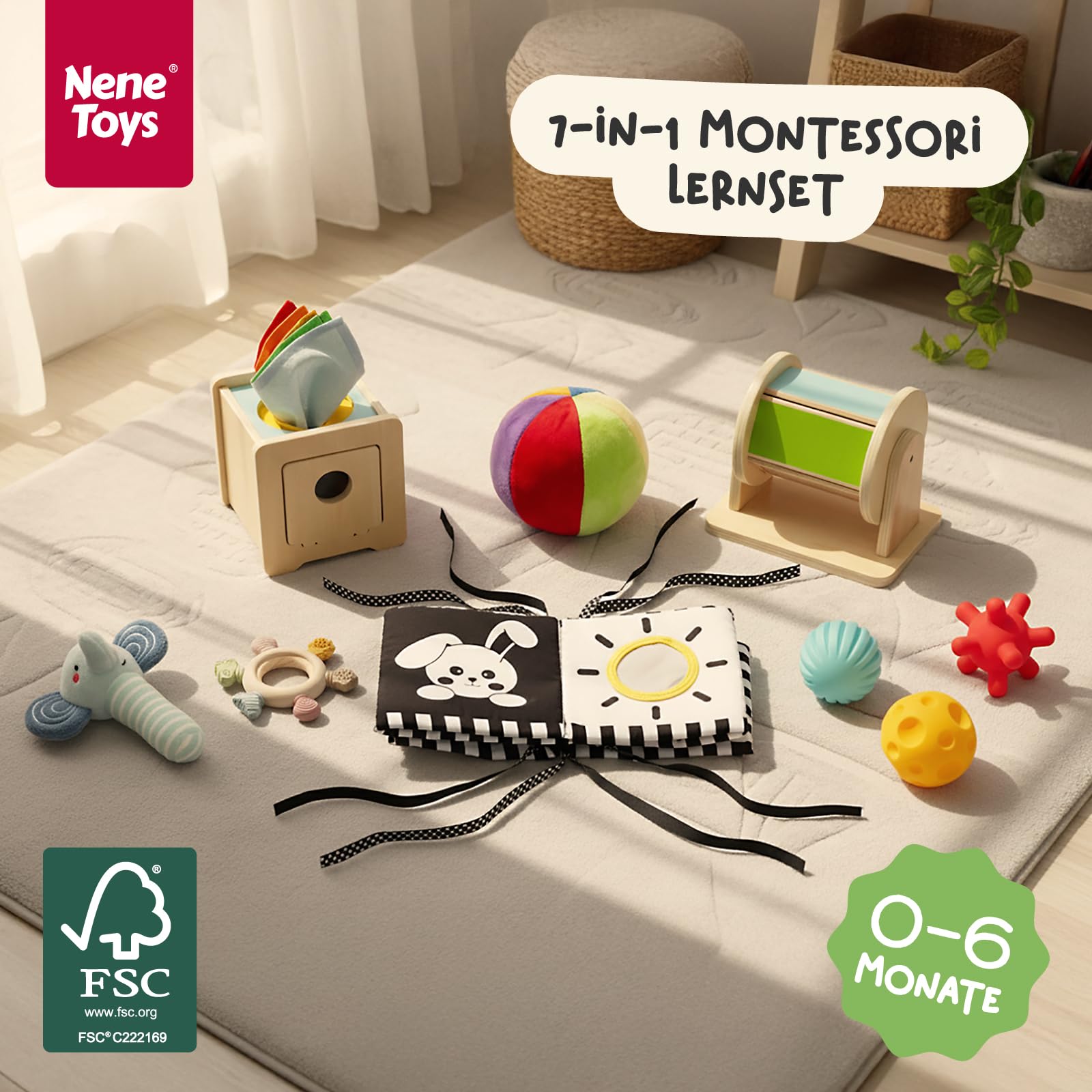 Nene Toys Montessori Baby Spielzeug 0–6 Monate – 7-in-1 Sensorik Holz Lernbox mit Schwarz-Weiß Stoffbuch, Tücherbox, Regenbogen Dreh-Trommel, Sensorikbällen, Beißring & Rassel – Neugeborenen Geschenk