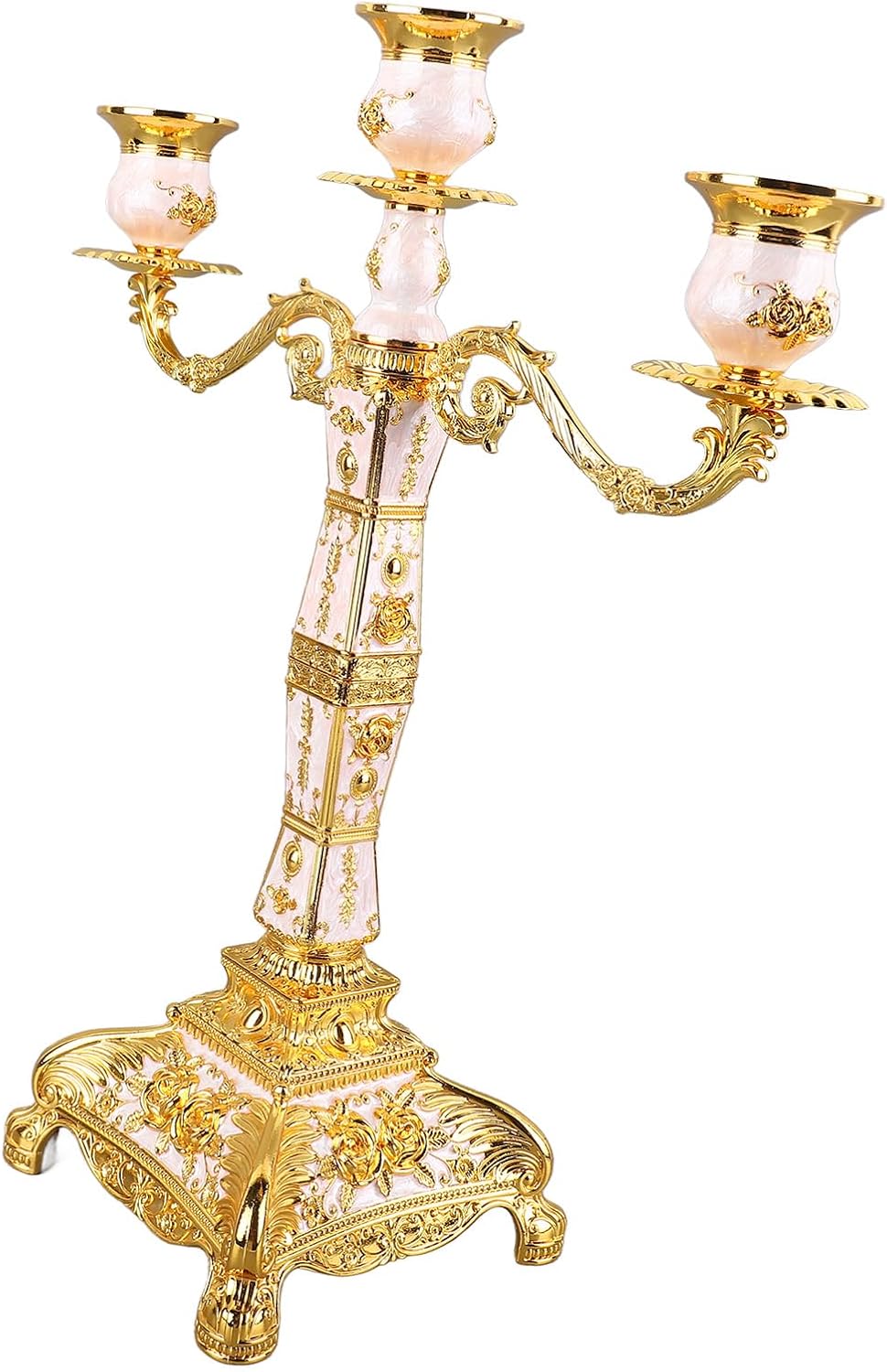 Vintage Metal Arms Candelabra Exquisite Candle Holder for Romantic Dinners, Weddings, Churches, Halloween Parties, Zinc Alloy Decoration for Home (Gold and White Three Heads)