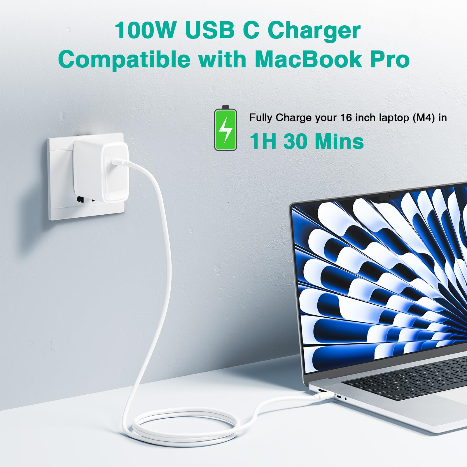 Cargador para Mac Book Pro - Cargador USB C de 100 W, cargador rápido compatible con MacBook Pro/Air, M1 M2 M3 M4, iPad, Samsung Galaxy y todos los dispositivos USB C, cable de 6.6 pies incluido