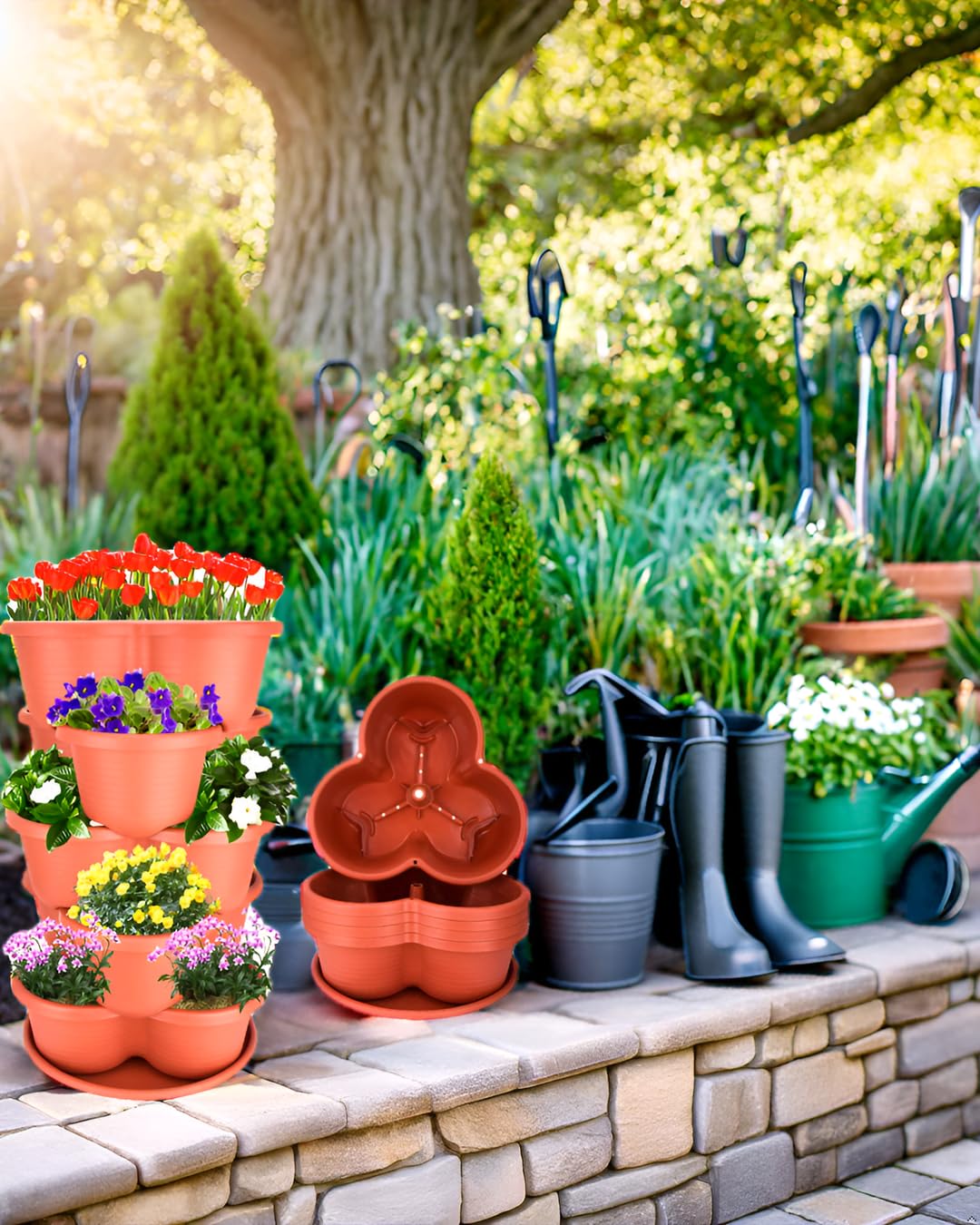 Snapklik.com : 2-Pack Stackable Planter Pots, Brick Red, 5 Tier Garden ...