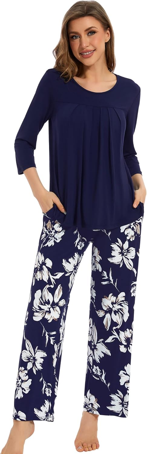 WiWi Pajamas Set for Women Super Soft 3/4 Sleeve Tops and Pants Pajama Sets Cooling Viscose Bamboo Pjs with Pockets S-XXL - Image 3