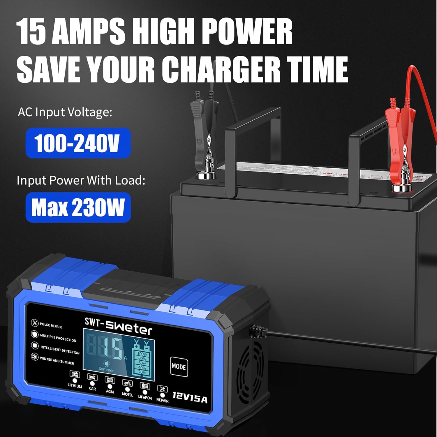 Battery Charger 15A 12V LiFePO4 Lead Acid Fully Automatic Battery Maintainer, Car Battery Trickle Charger Automotive w/Repair, Winter Mode, for AGM, STD, Gel, Deep Cycle Batteries