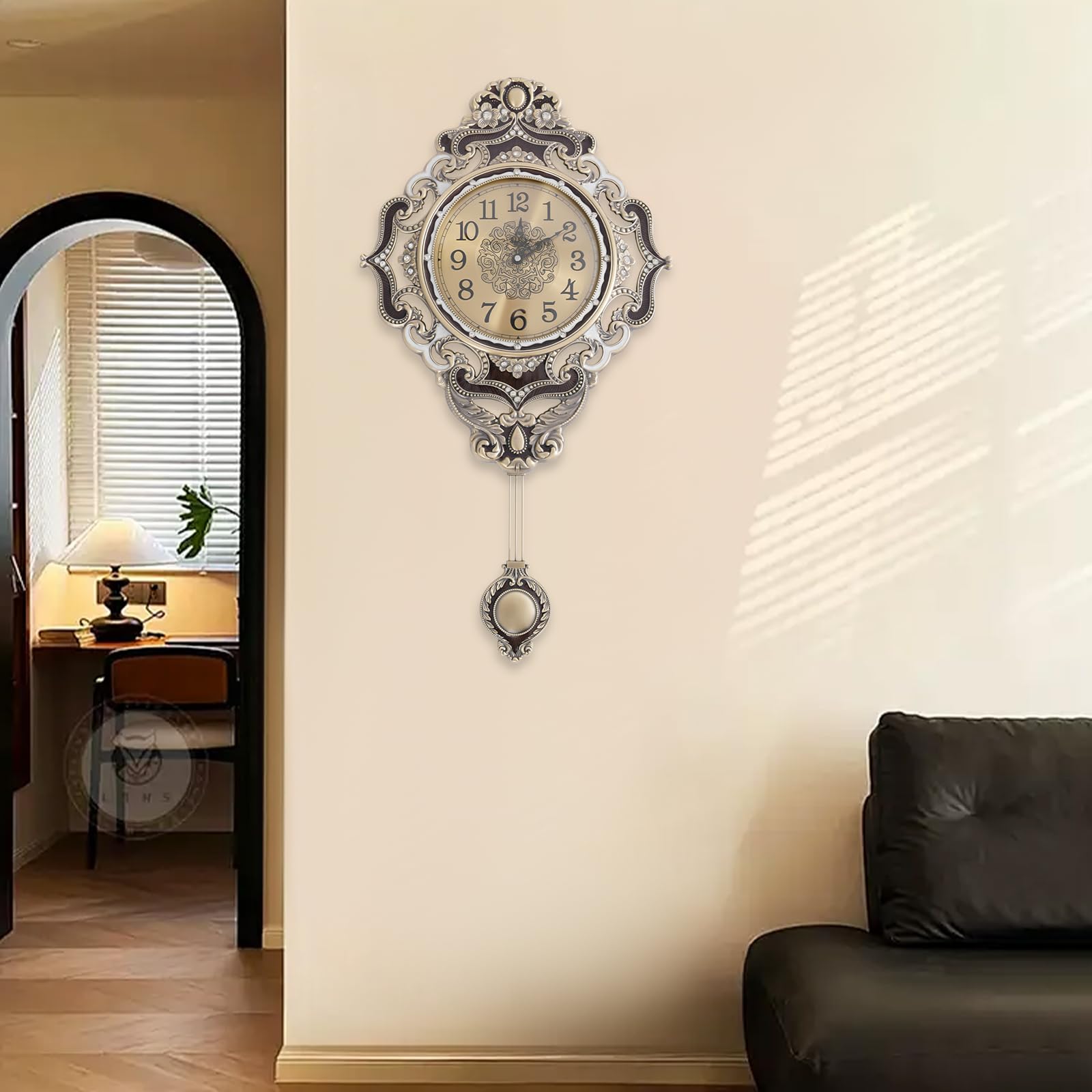 Reloj de pared retro con péndulo dorado, cuarzo, esfera silenciosa