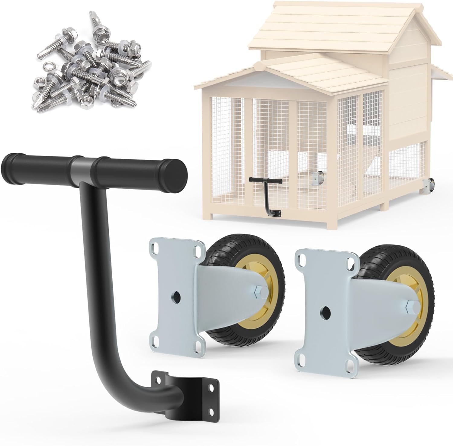 Chicken Coop Wheels Kit with A Lifting Handle, 2 Pack 4 Inch Heavy Duty Caster Wheels for Easy Chicken Coop Movement, Portable Poultry Tractor Chicken Coop Accessories, Easy to Use